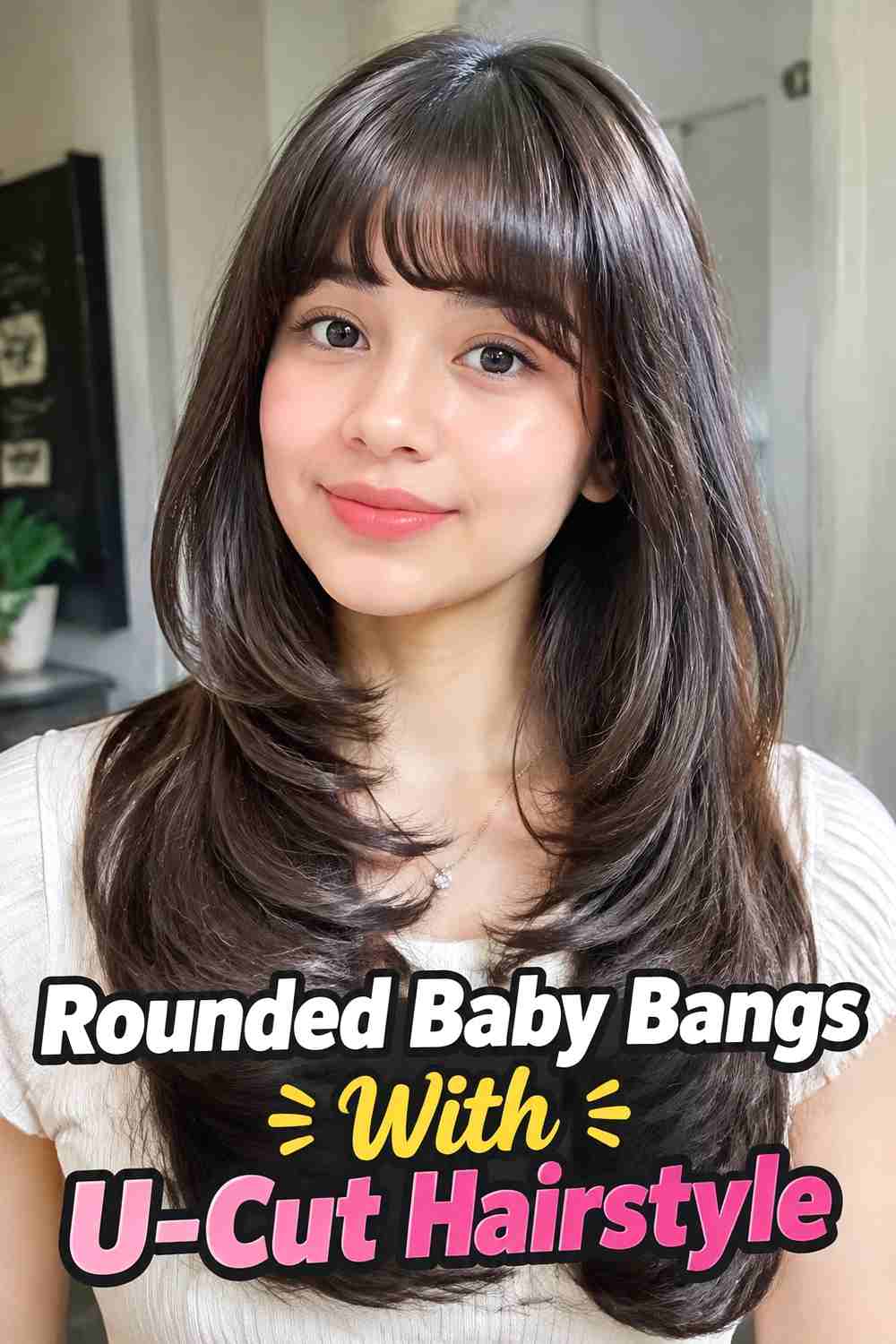 7. Rounded Baby Bangs With U Cut Hairstyle