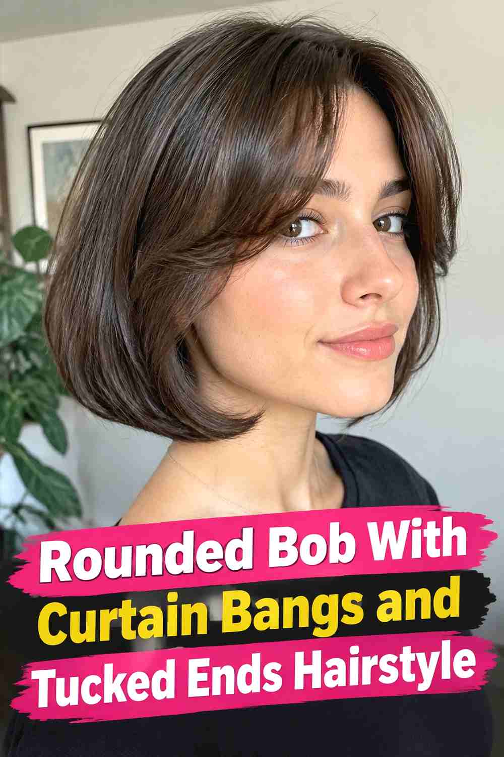 6. Rounded Bob With Curtain Bangs And Tucked Ends Hairstyle