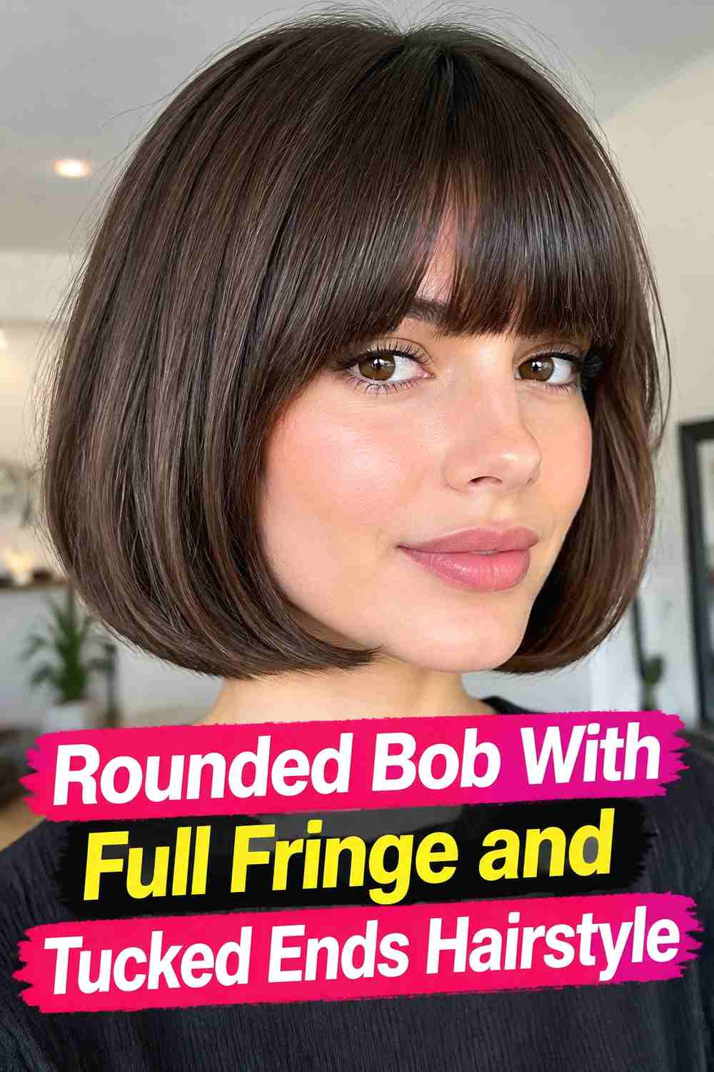 14. Rounded Bob With Full Fringe And Tucked Ends Hairstyle