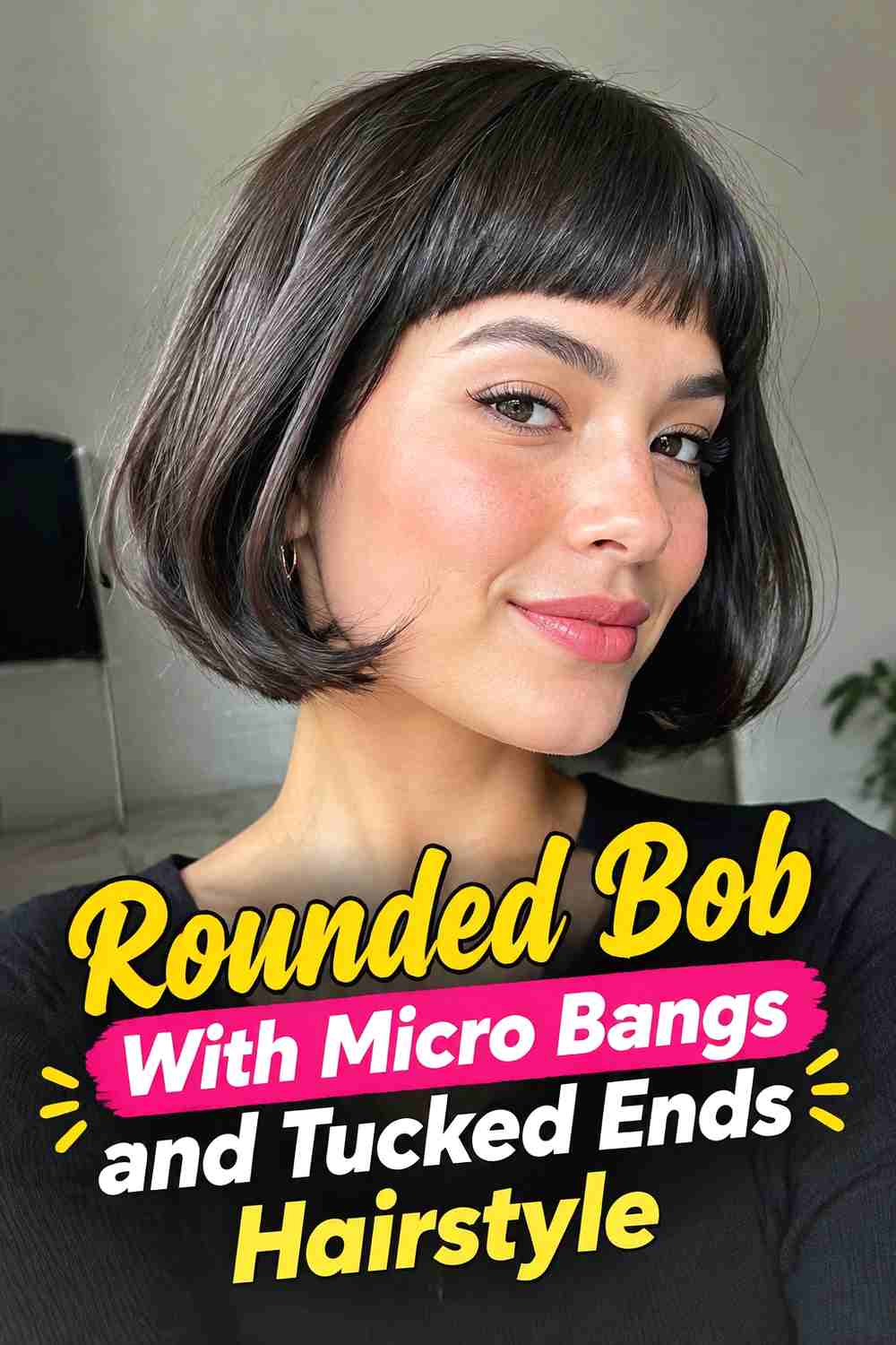 12. Rounded Bob With Micro Bangs And Tucked Ends Hairstyle