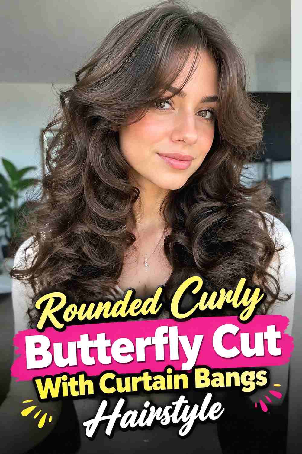 6. Rounded Curly Butterfly Cut With Curtain Bangs Hairstyle