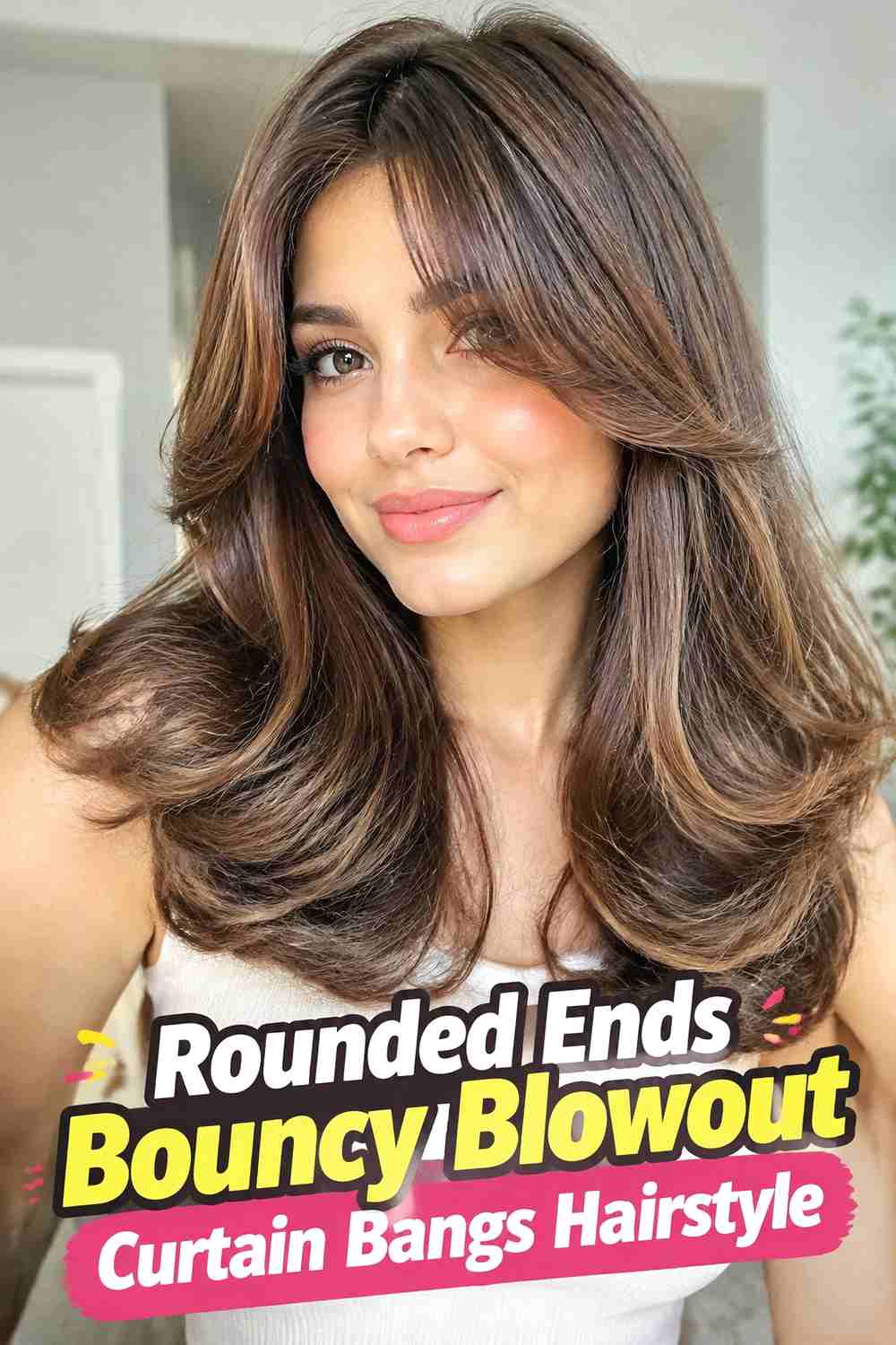 10. Rounded Ends Bouncy Blowout Curtain Bangs Hairstyle