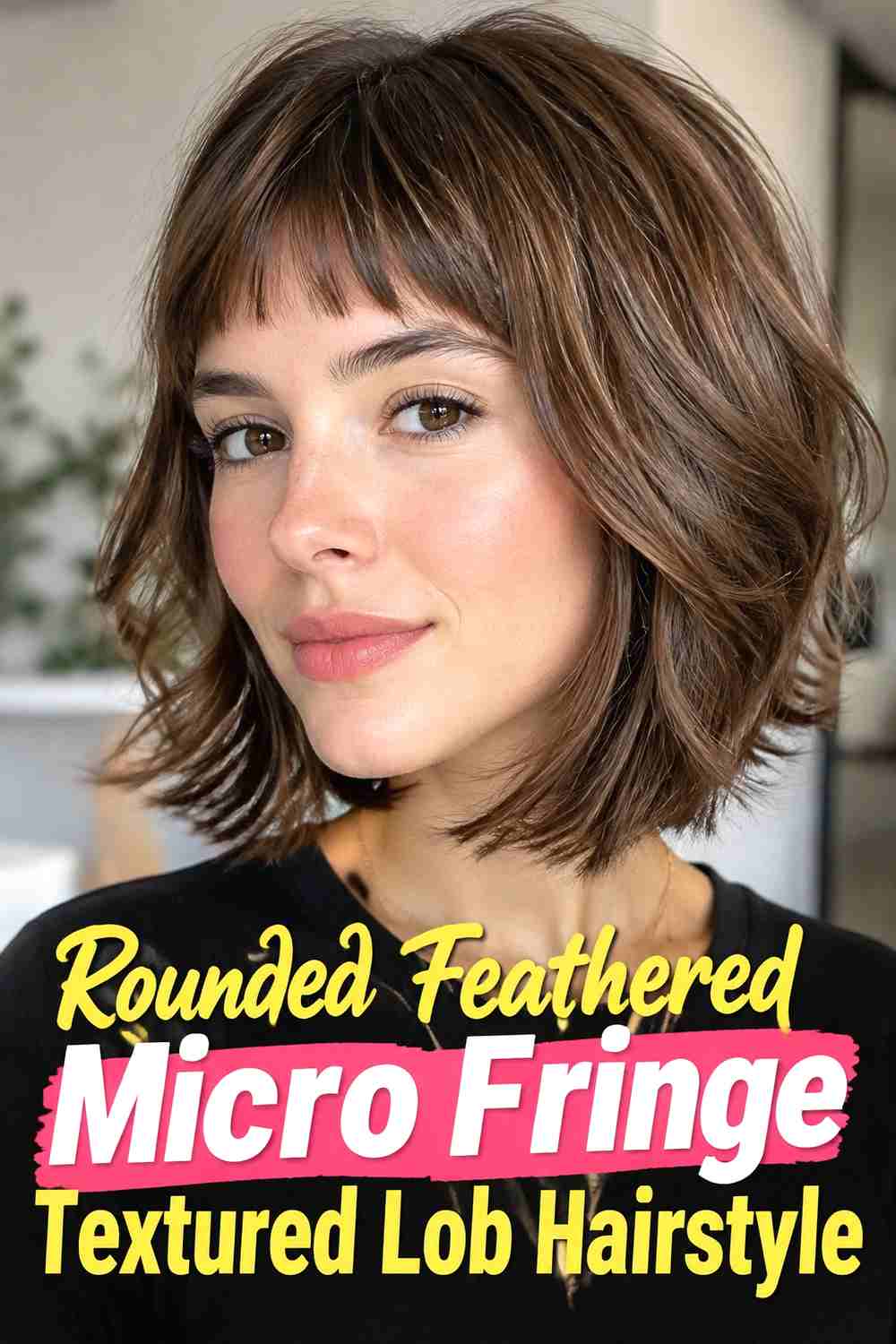17. Rounded Feathered Micro Fringe Textured Lob Hairstyle