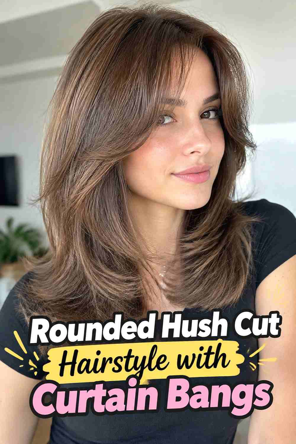 2. Rounded Hush Cut Hairstyle With Curtain Bangs