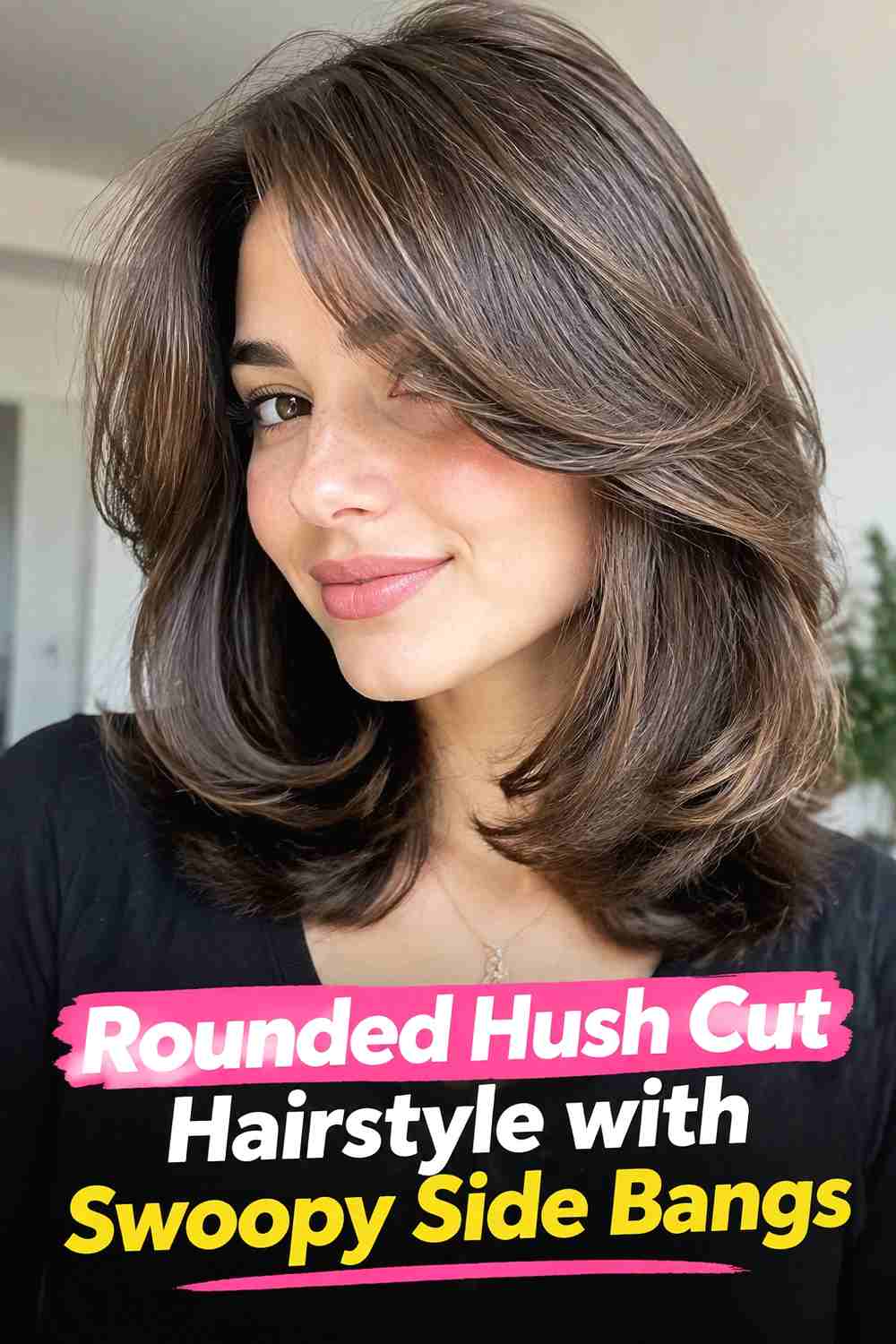 15. Rounded Hush Cut Hairstyle With Swoopy Side Bangs