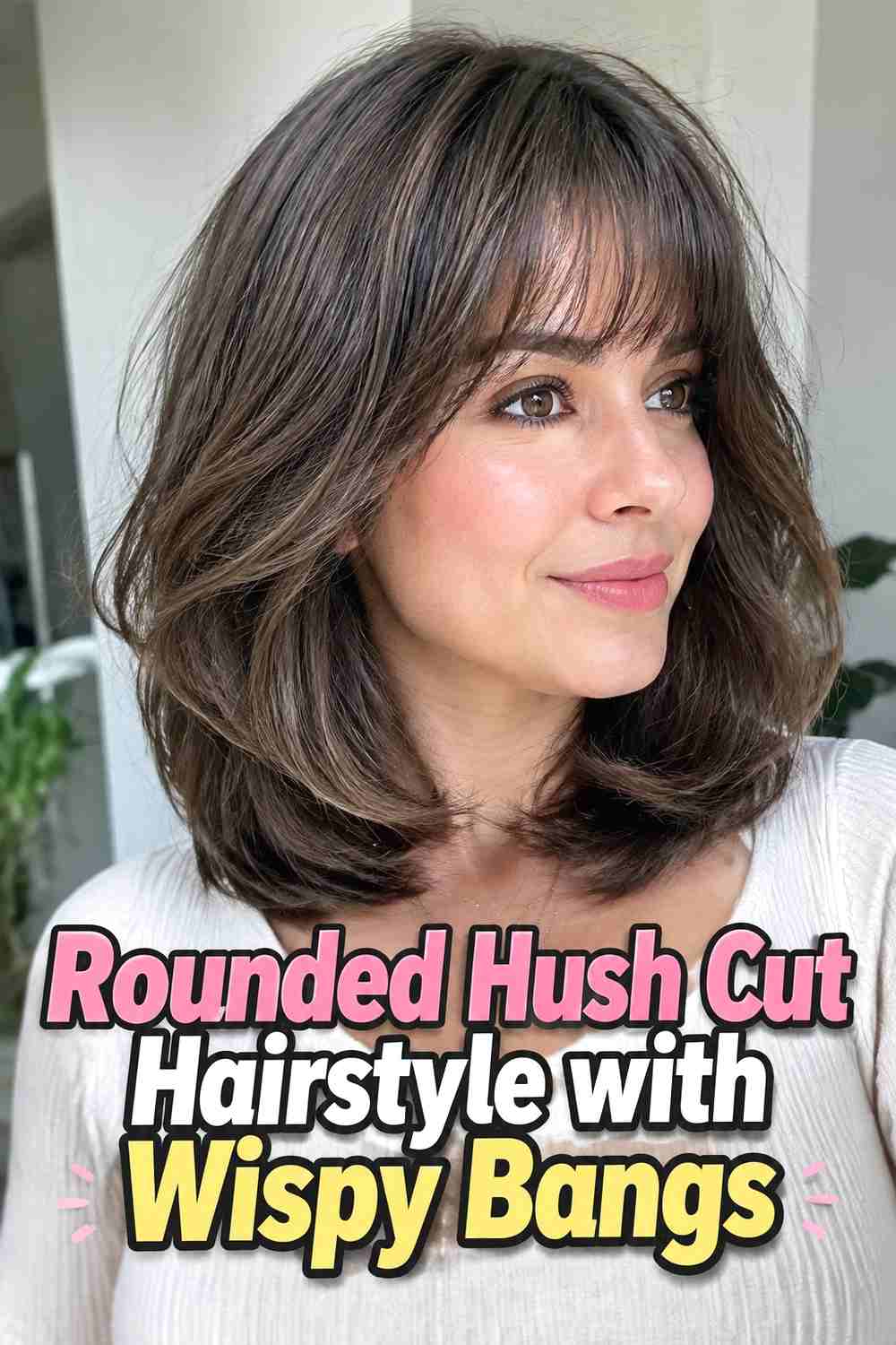3. Rounded Hush Cut Hairstyle With Wispy Bangs
