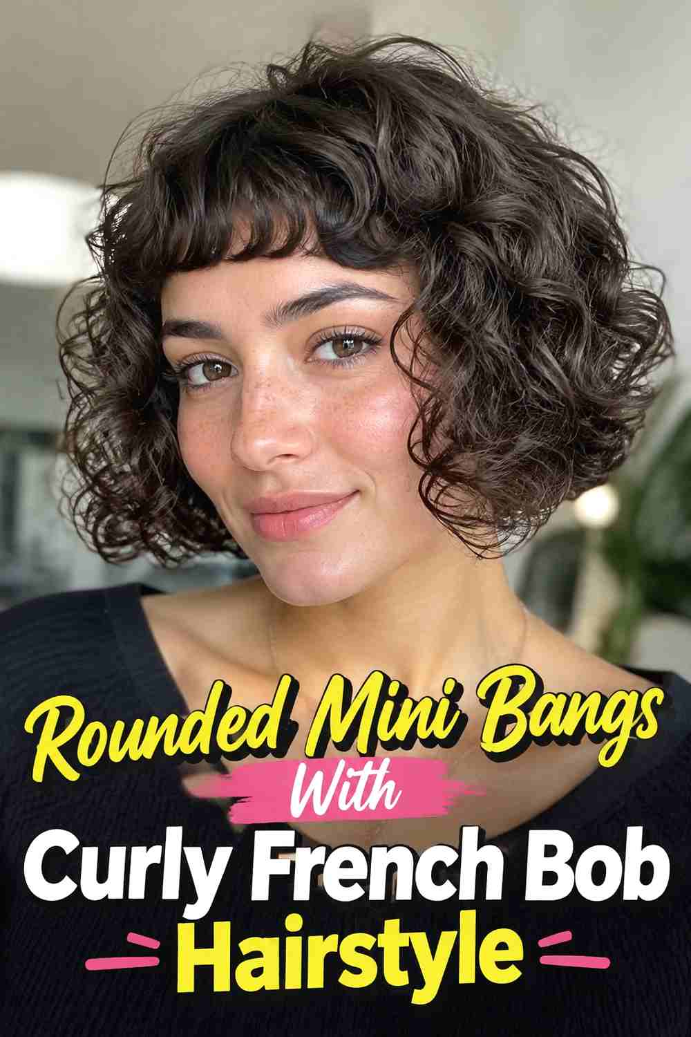 6. Rounded Mini Bangs With Curly French Bob Hairstyle