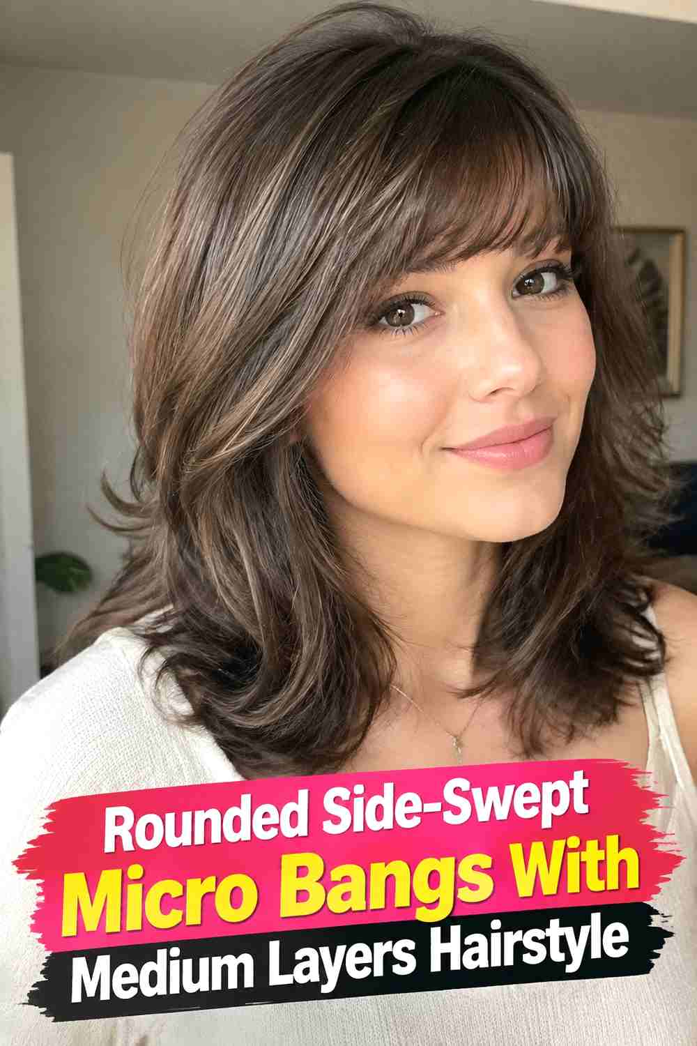 11. Rounded Side Swept Micro Bangs With Medium Layers Hairstyle