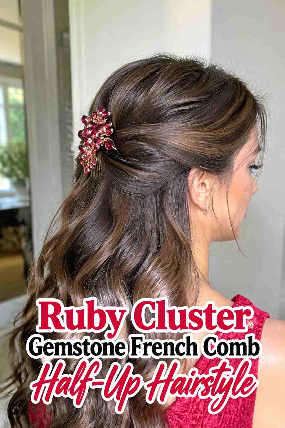 3. Ruby Cluster Gemstone French Comb Half Up Hairstyle