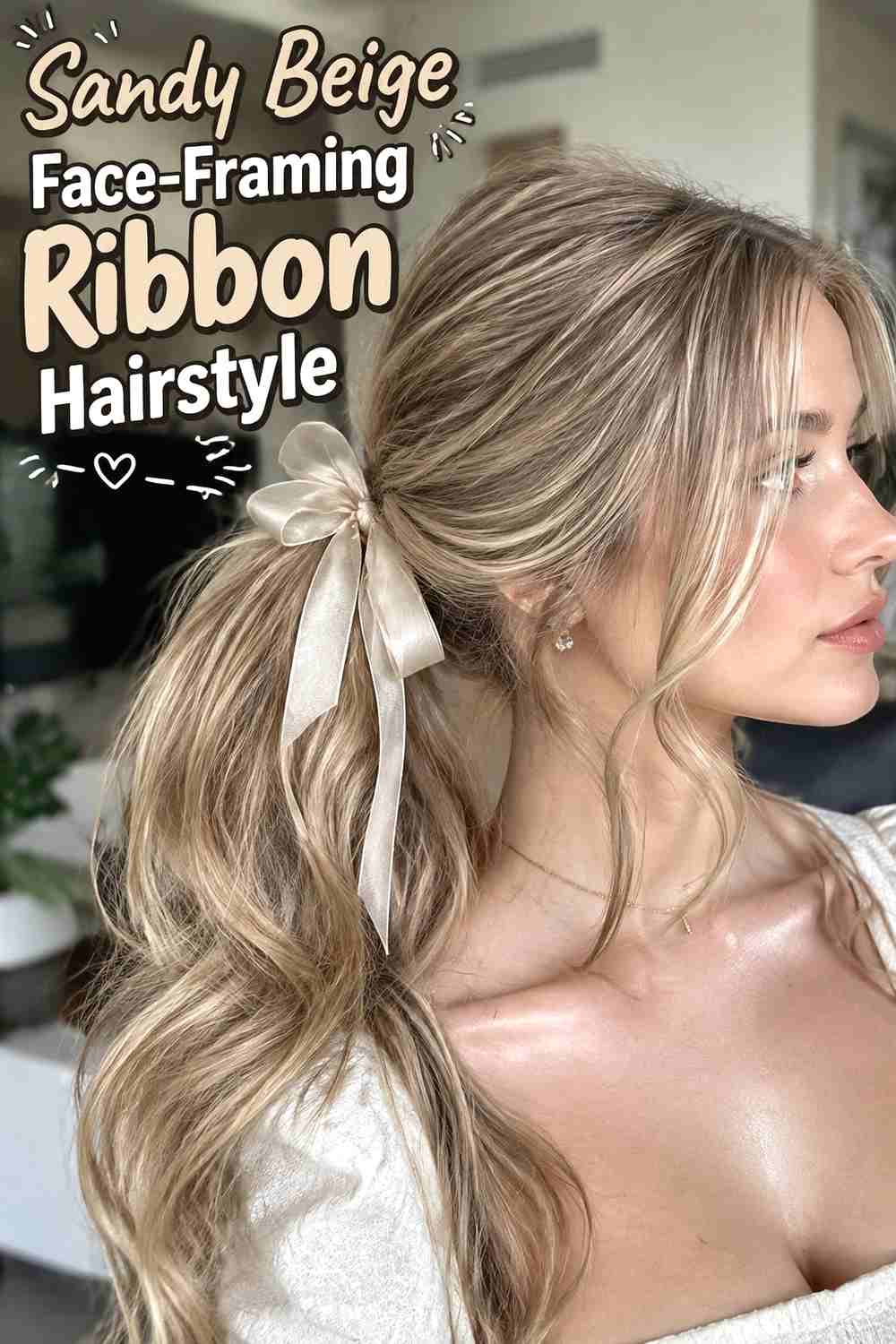 2. Sandy Beige Face Framing Ribbon Hairstyle