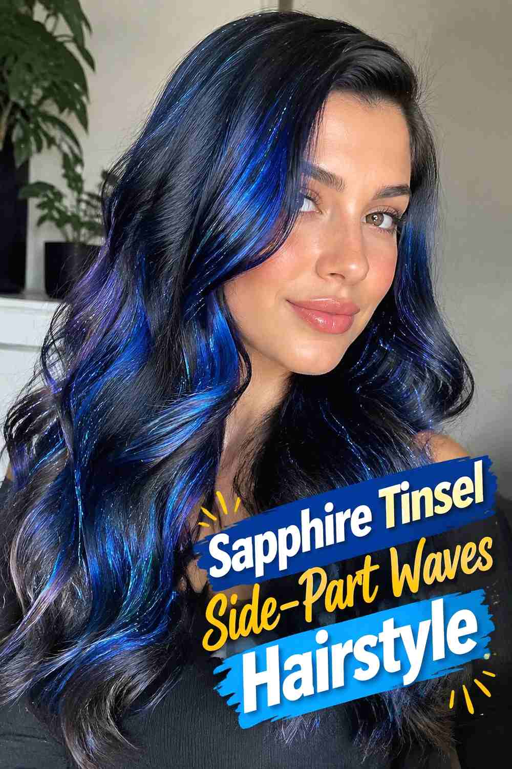 9. Sapphire Tinsel Side Part Waves Hairstyle