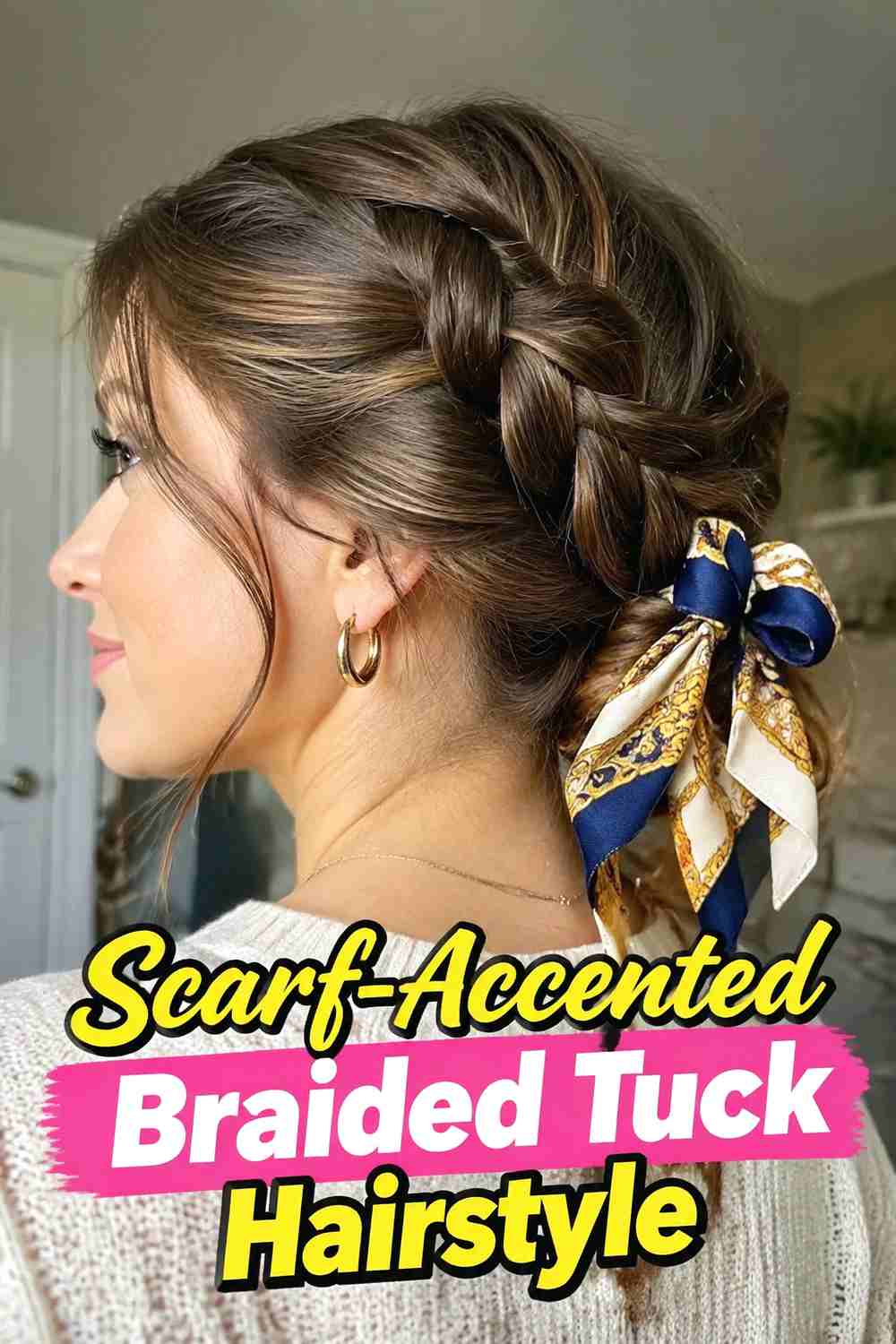 11. Scarf Accented Braided Tuck Hairstyle