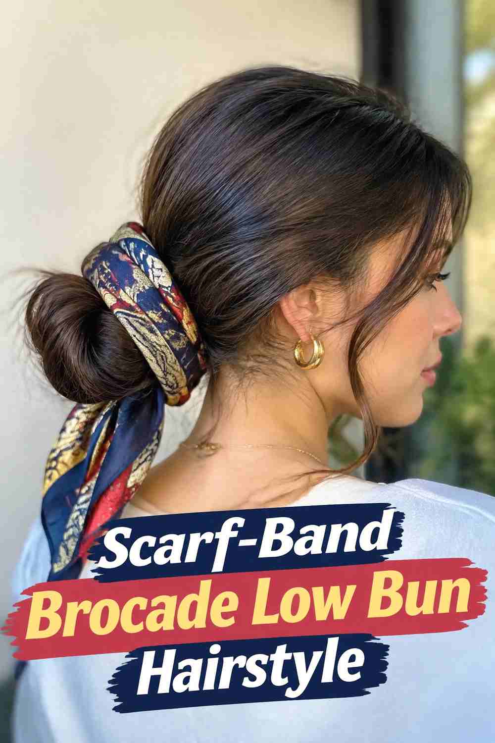 11. Scarf Band Brocade Low Bun Hairstyle
