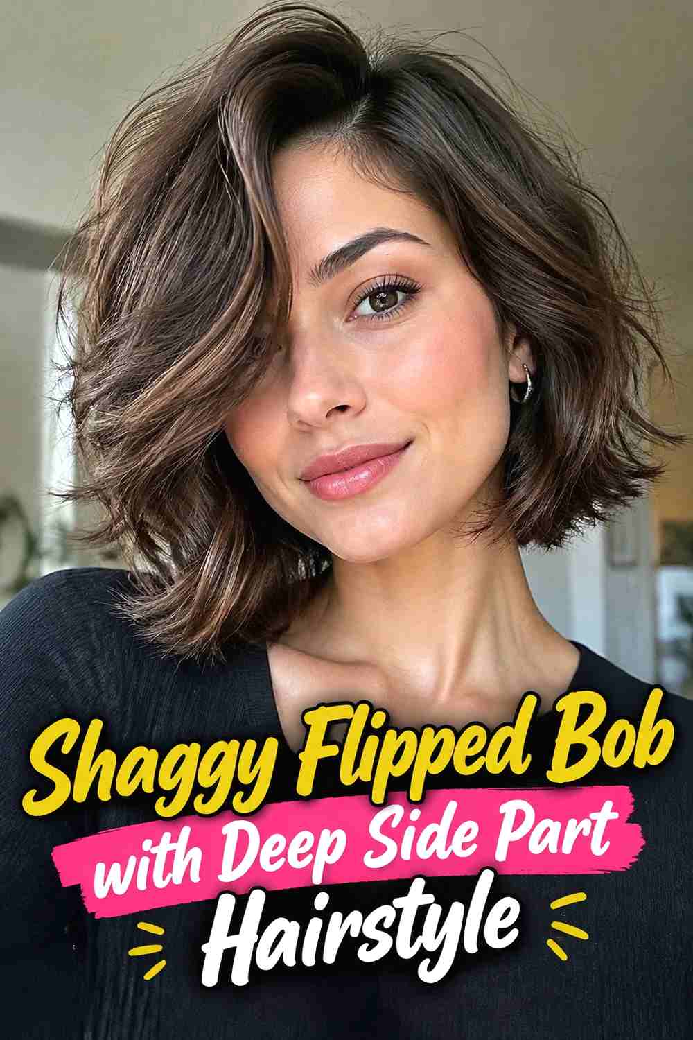 9. Shaggy Flipped Bob With Deep Side Part Hairstyle