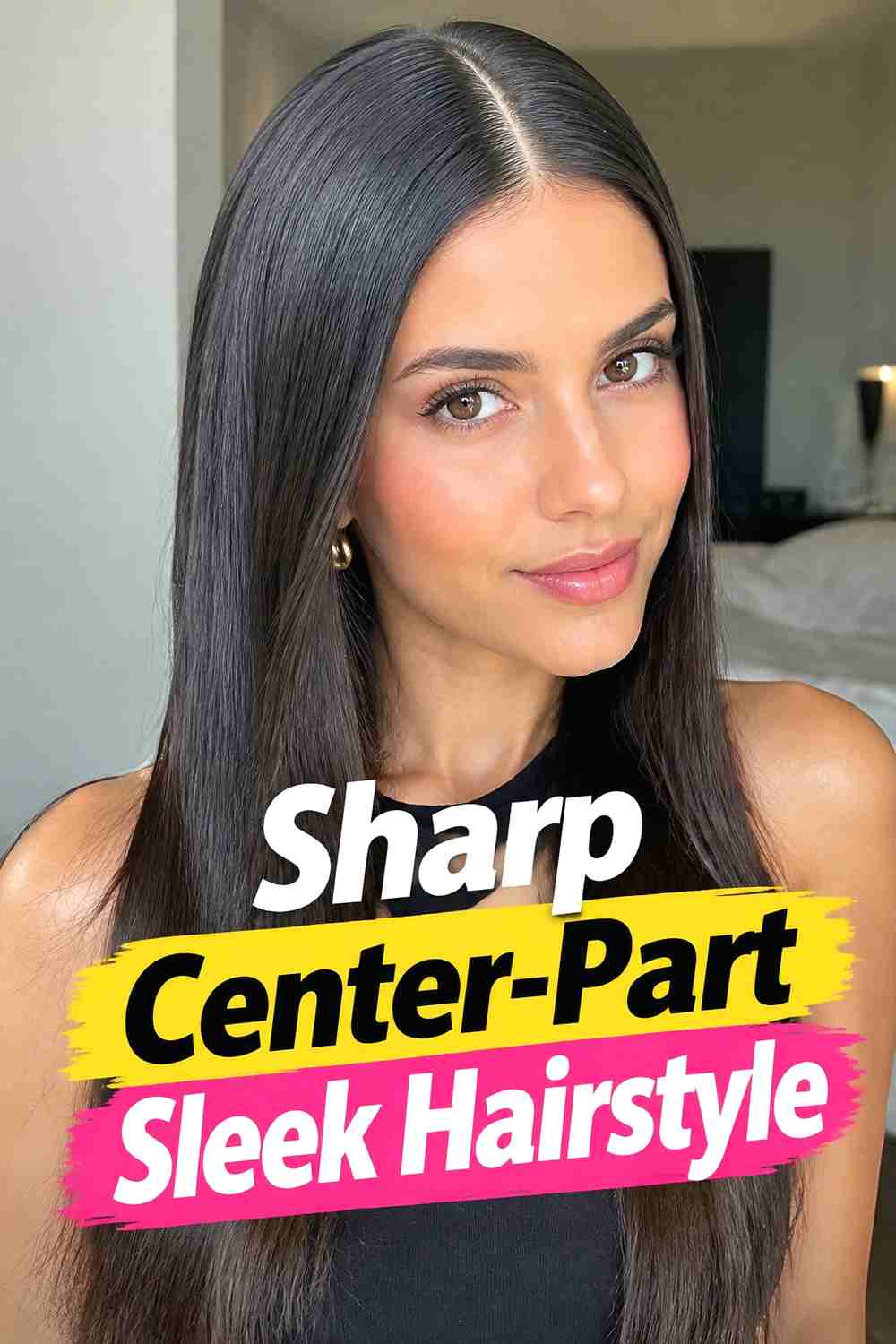 1. Sharp Center Part Sleek Hairstyle