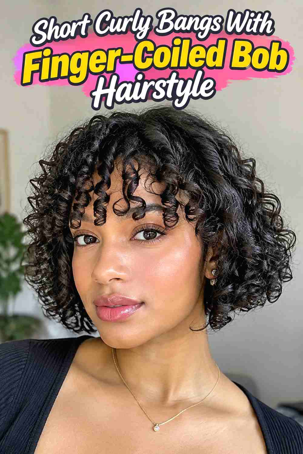 11. Short Curly Bangs With Finger Coiled Bob Hairstyle
