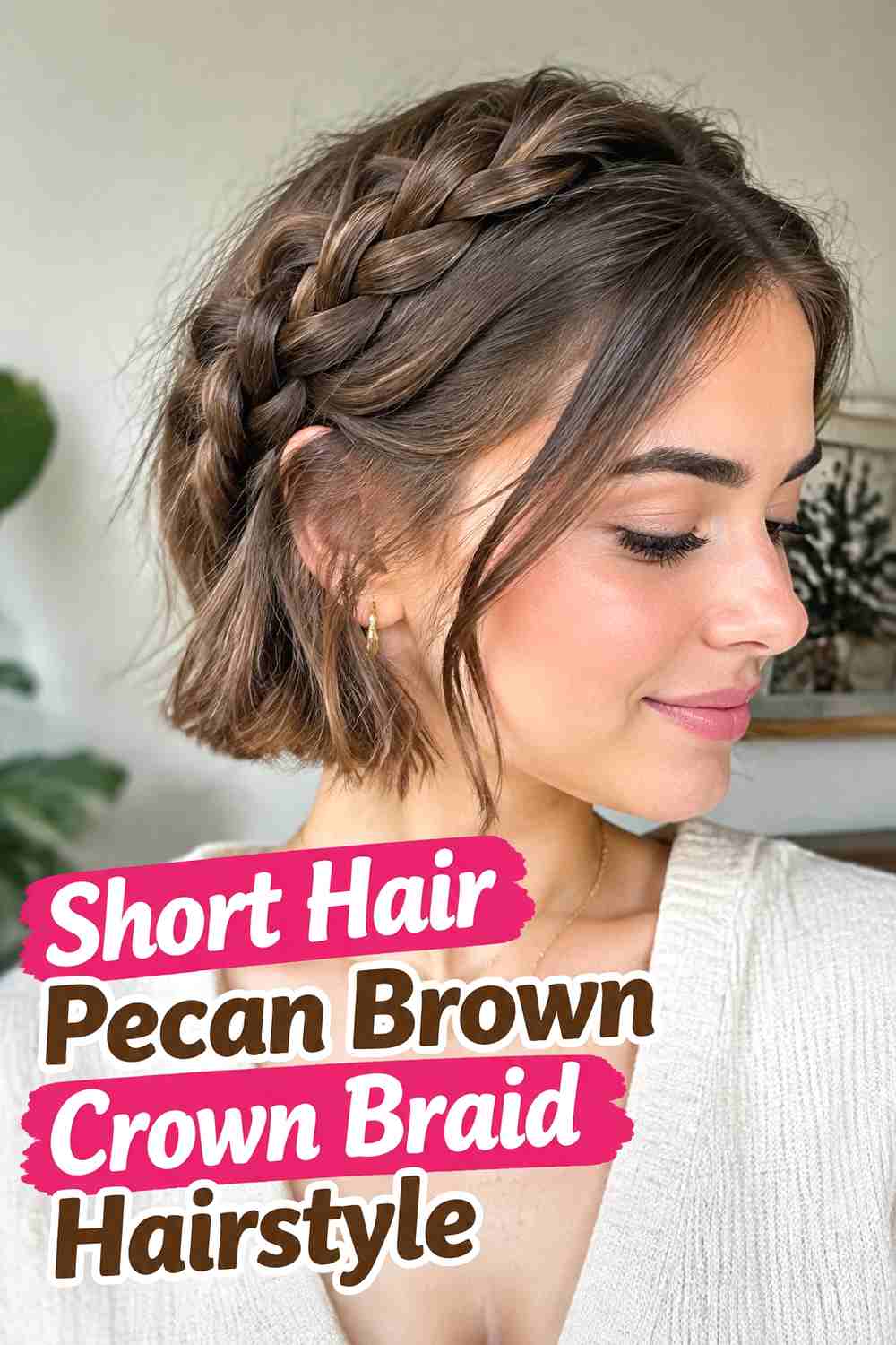 12. Short Hair Pecan Brown Crown Braid Hairstyle