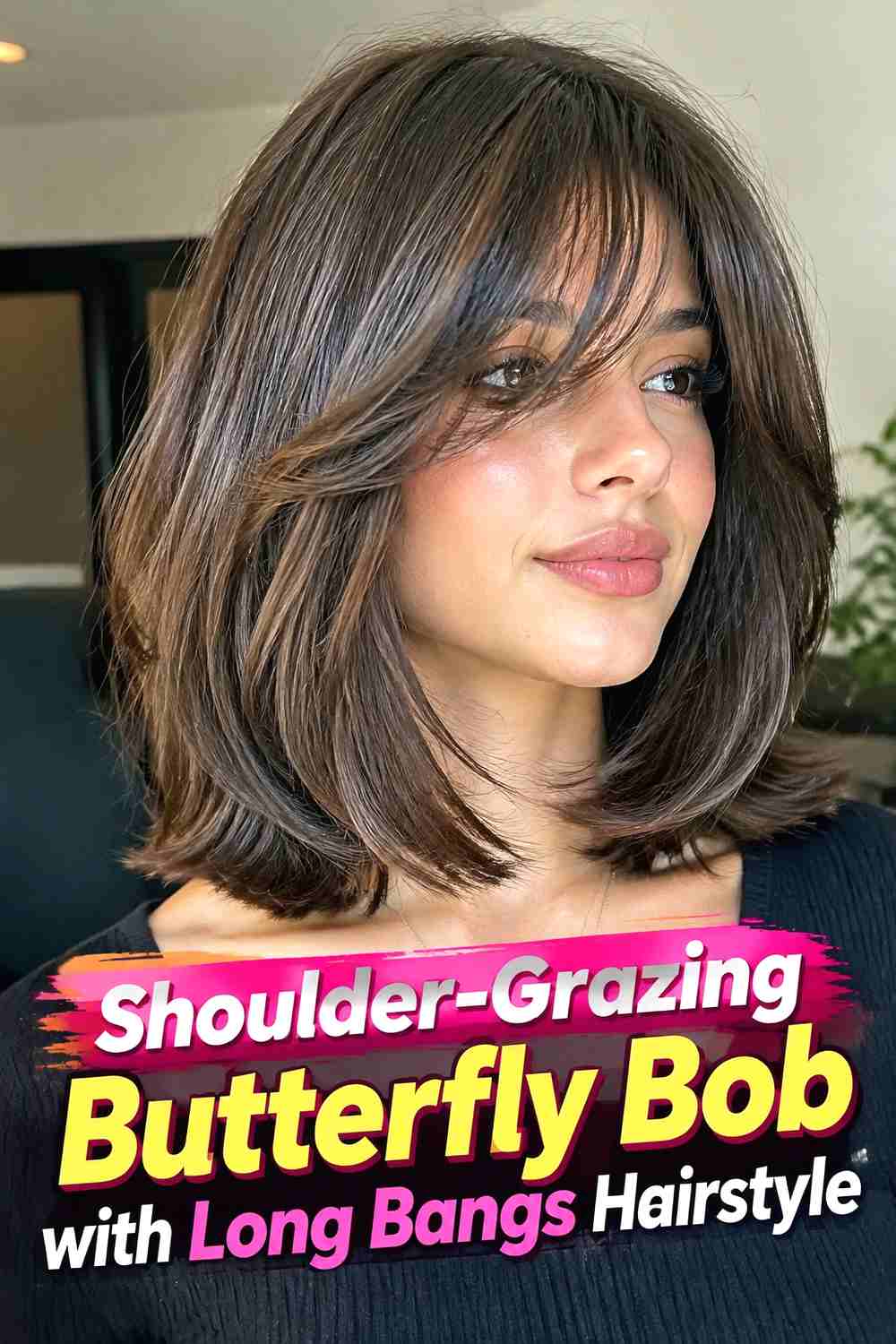 7. Shoulder Grazing Butterfly Bob With Long Bangs Hairstyle
