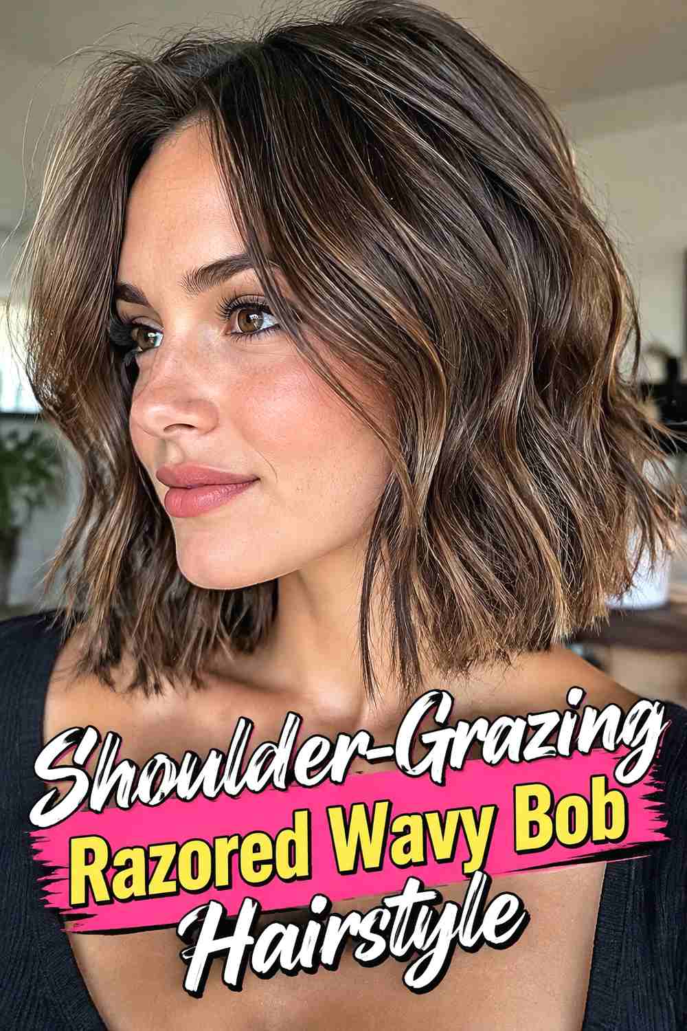 14. Shoulder Grazing Razored Wavy Bob Hairstyle