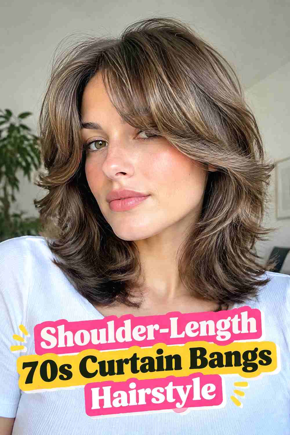9. Shoulder Length 70s Curtain Bangs Hairstyle