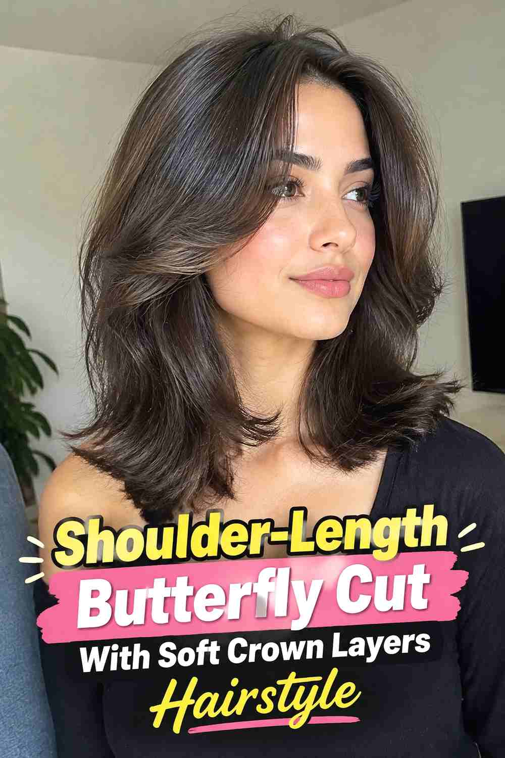 6. Shoulder Length Butterfly Cut With Soft Crown Layers Hairstyle