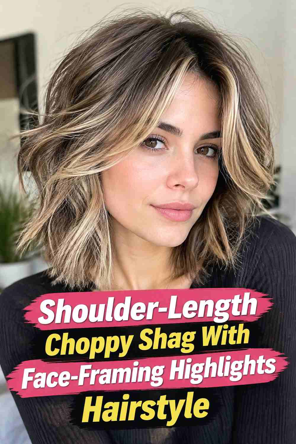 16. Shoulder Length Choppy Shag With Face Framing Highlights Hairstyle