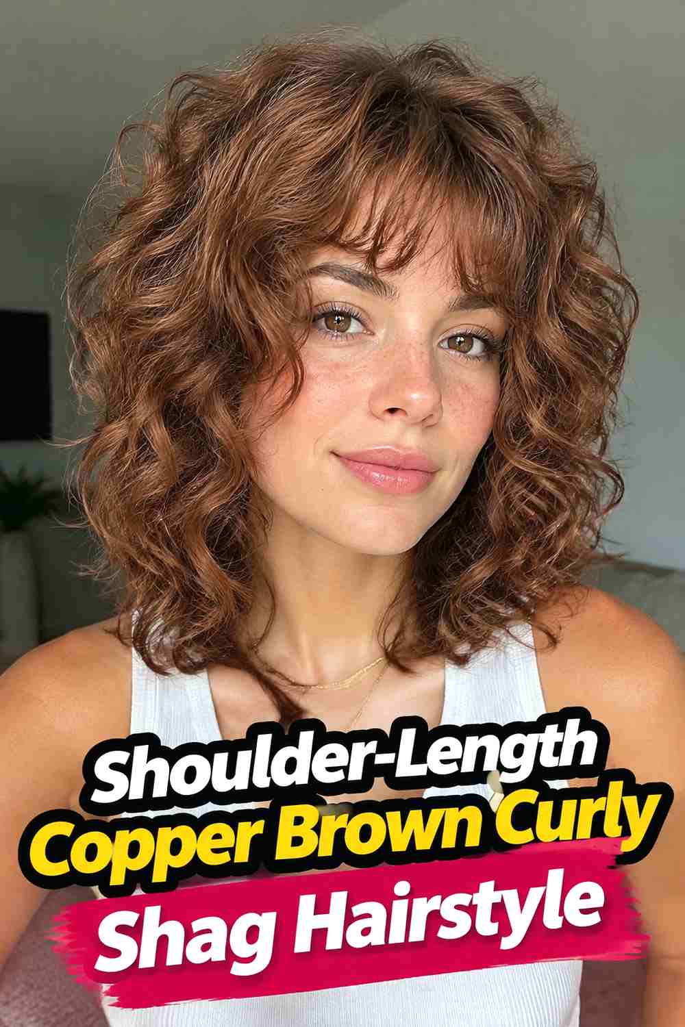 5. Shoulder Length Copper Brown Curly Shag Hairstyle