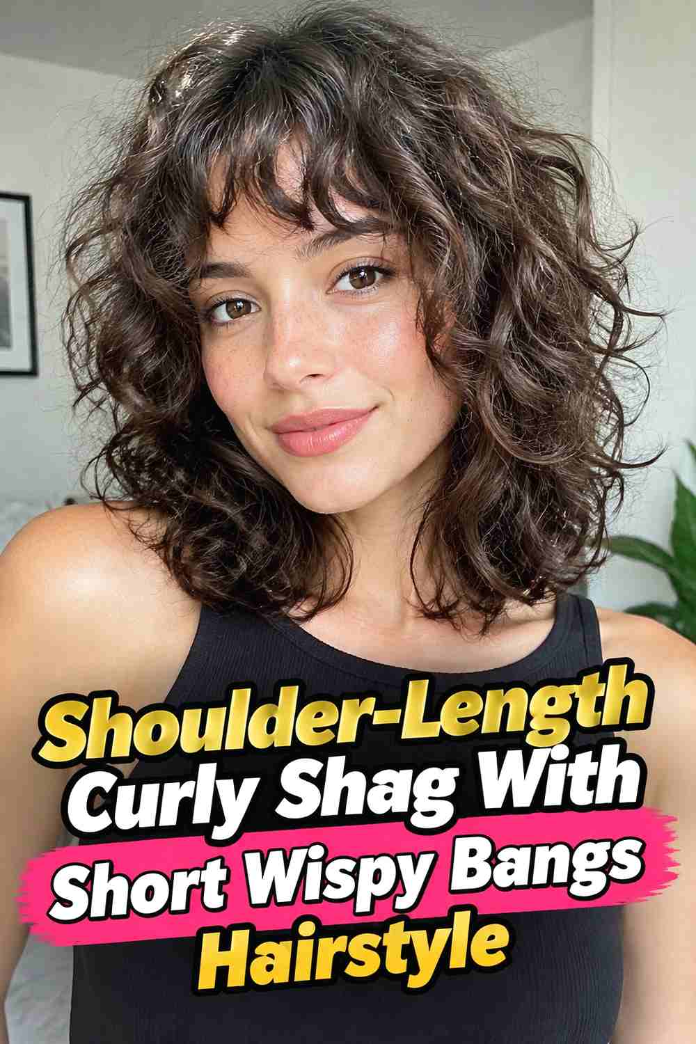 4. Shoulder Length Curly Shag With Short Wispy Bangs Hairstyle