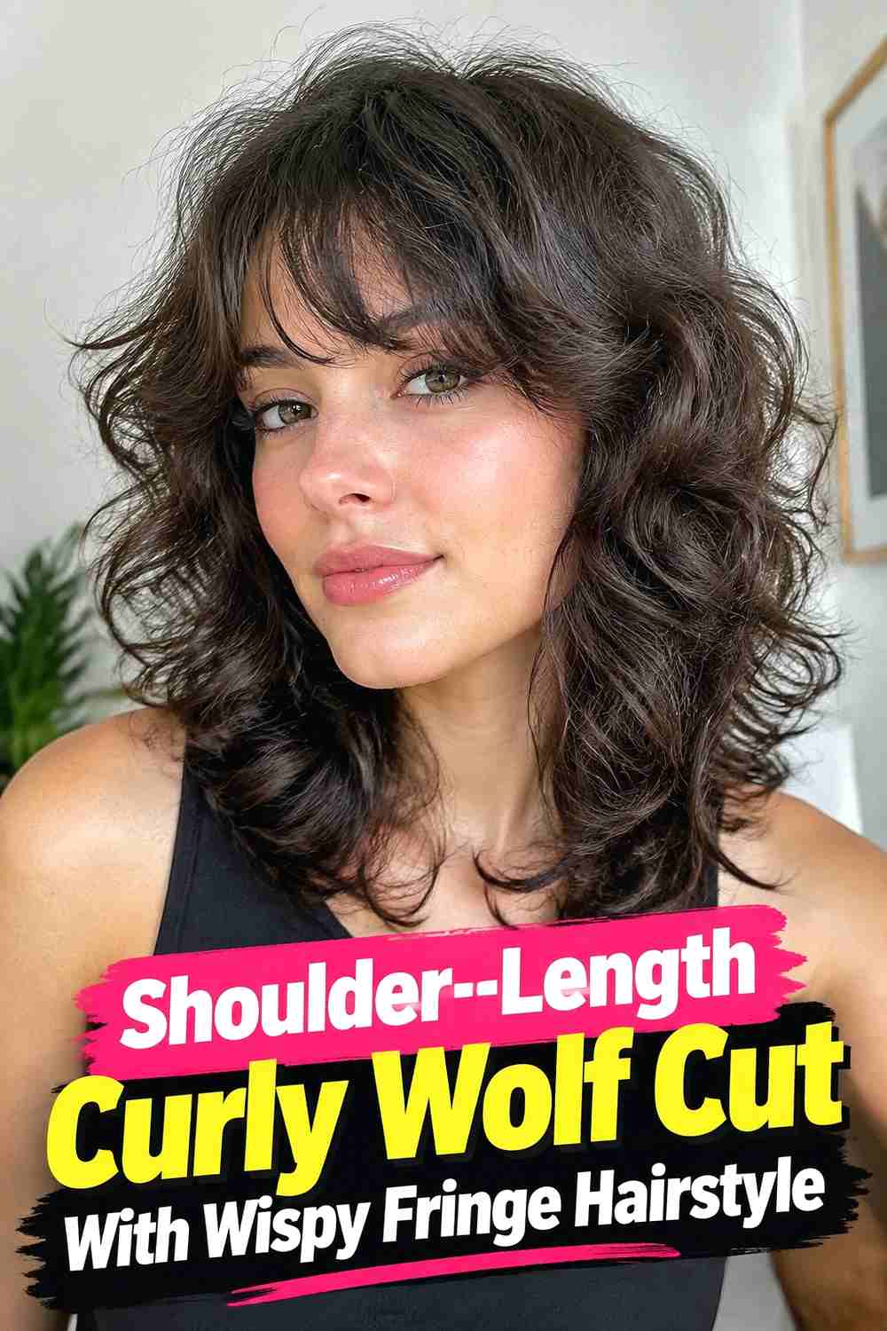 2. Shoulder Length Curly Wolf Cut With Wispy Fringe Hairstyle