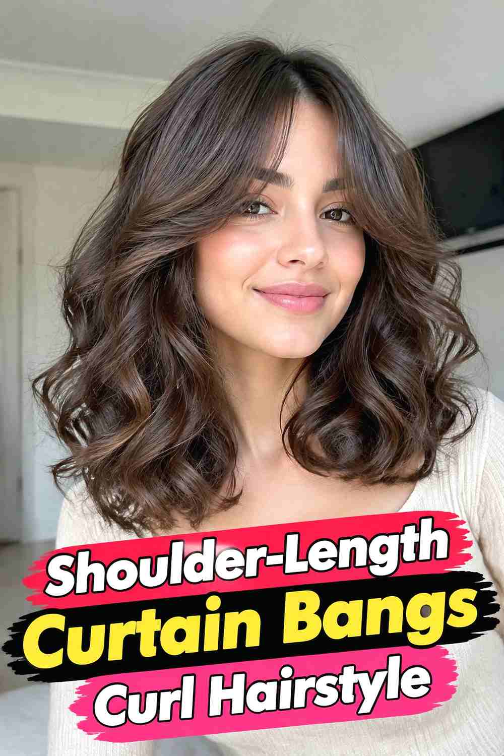 7. Shoulder Length Curtain Bangs Curl Hairstyle