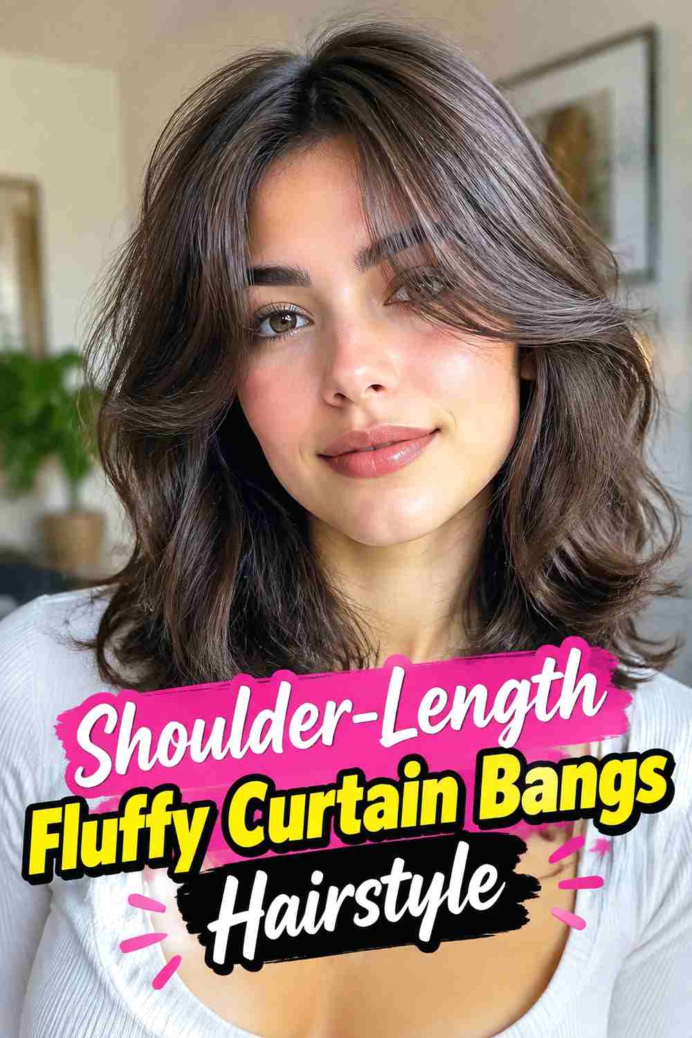5. Shoulder Length Fluffy Curtain Bangs Hairstyle