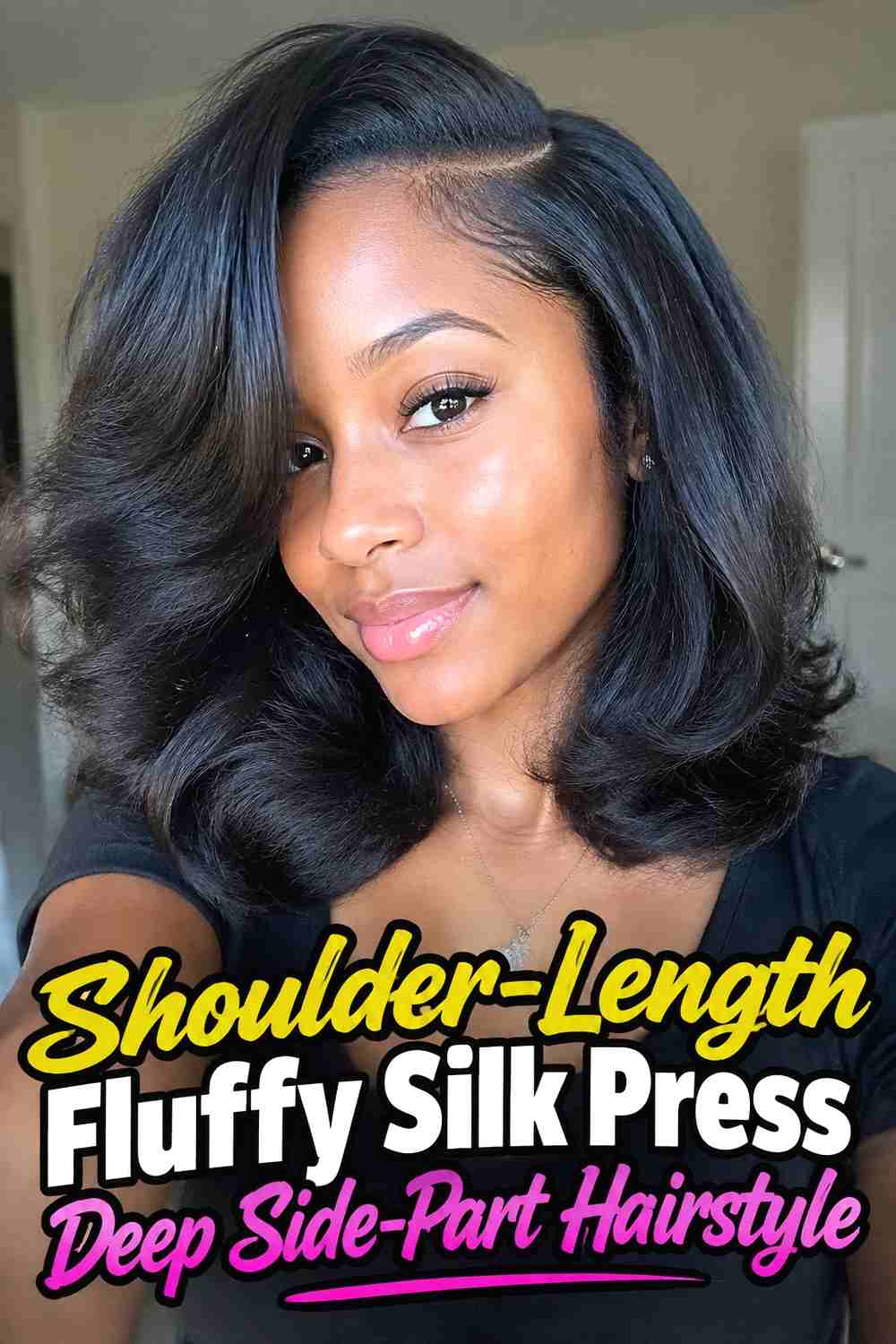 9. Shoulder Length Fluffy Silk Press Deep Side Part Hairstyle