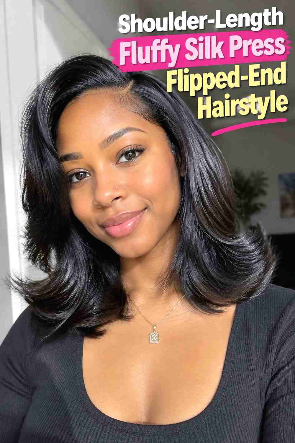 5. Shoulder Length Fluffy Silk Press Flipped End Hairstyle