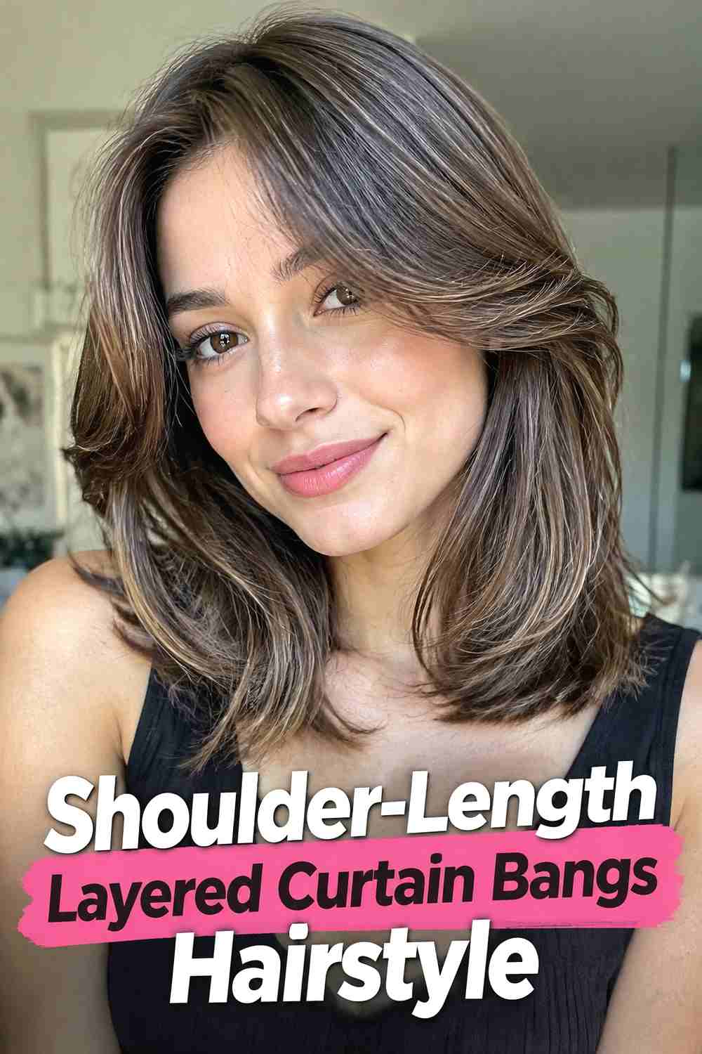 13. Shoulder Length Layered Curtain Bangs Hairstyle