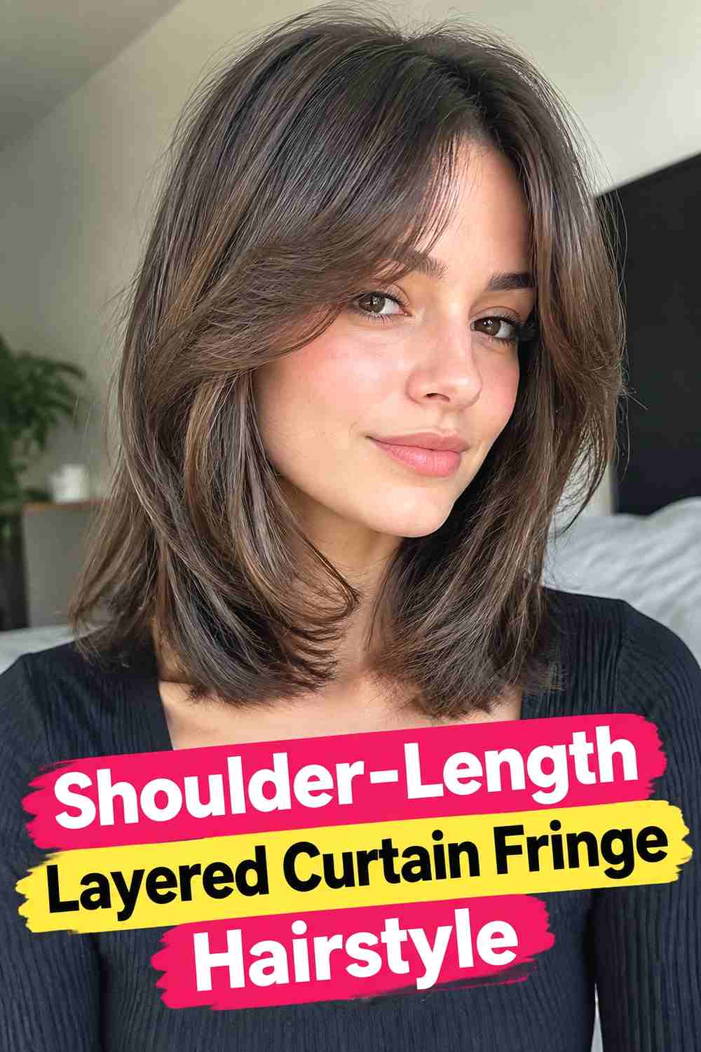 5. Shoulder Length Layered Curtain Fringe Hairstyle