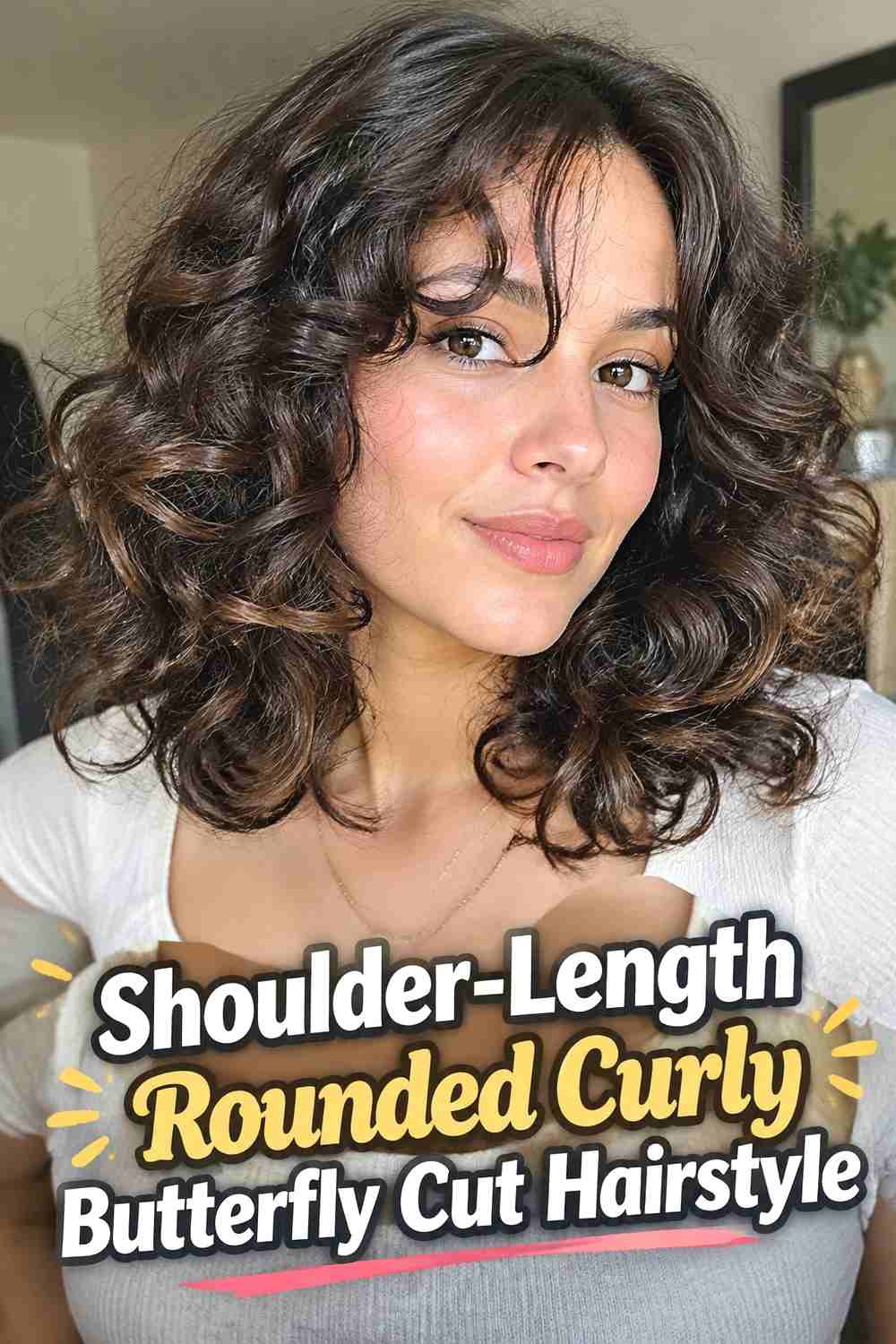 5. Shoulder Length Rounded Curly Butterfly Cut Hairstyle