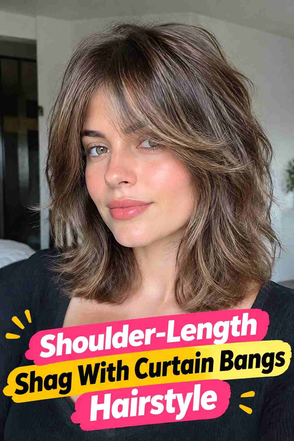 3. Shoulder Length Shag With Curtain Bangs Hairstyle