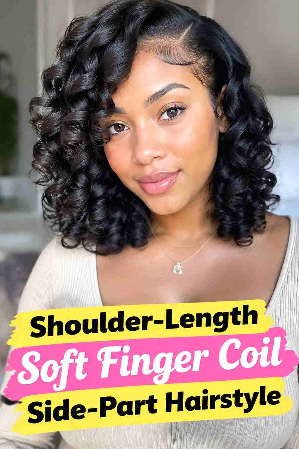 7. Shoulder Length Soft Finger Coil Side Part Hairstyle