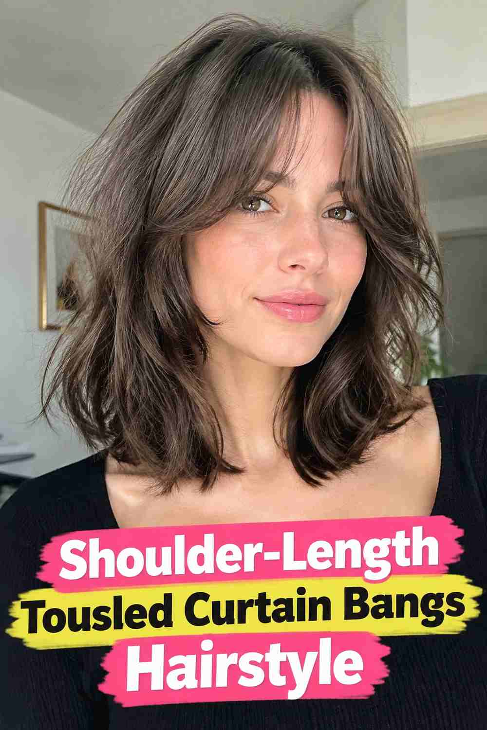 8. Shoulder Length Tousled Curtain Bangs Hairstyle