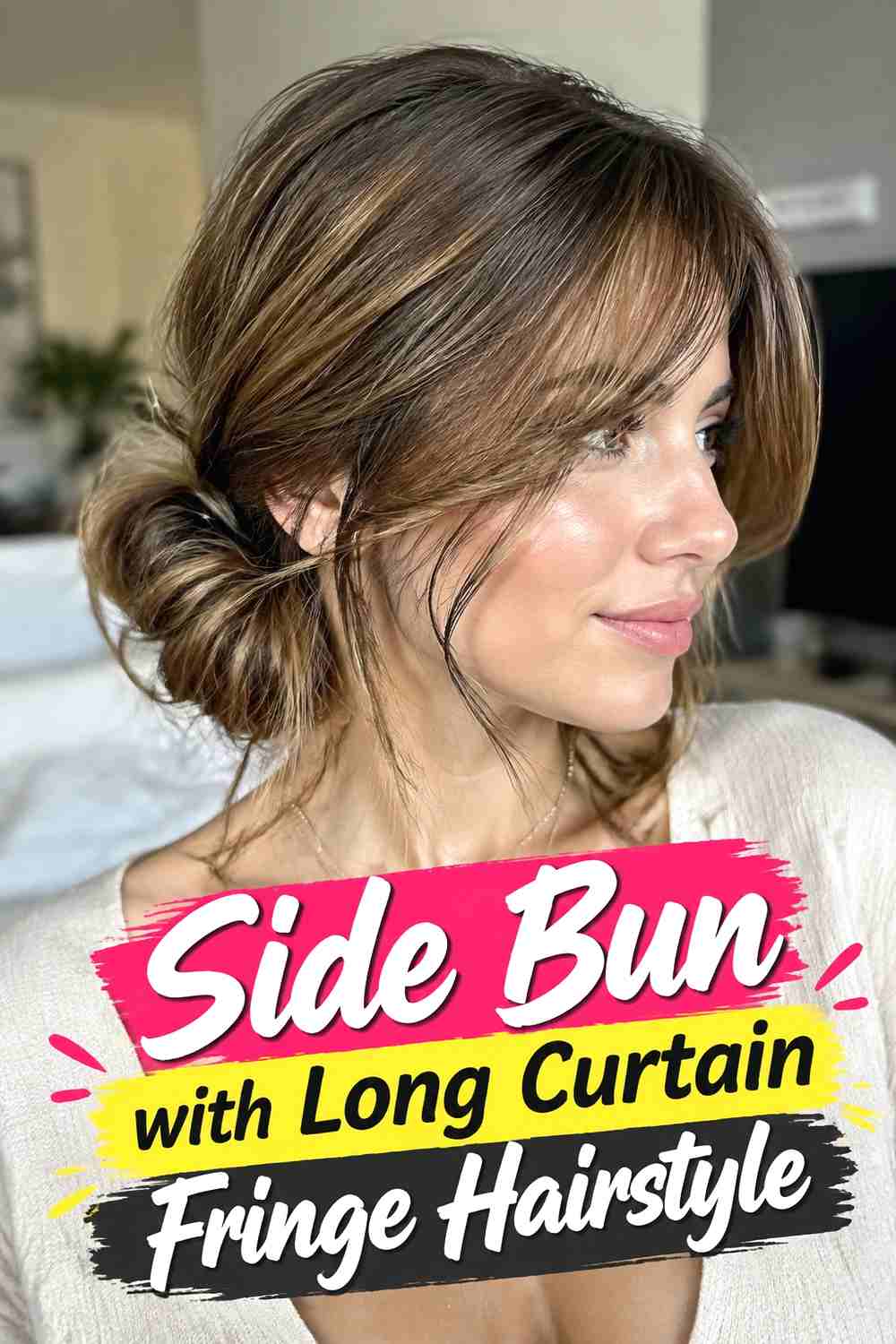 11. Side Bun With Long Curtain Fringe Hairstyle