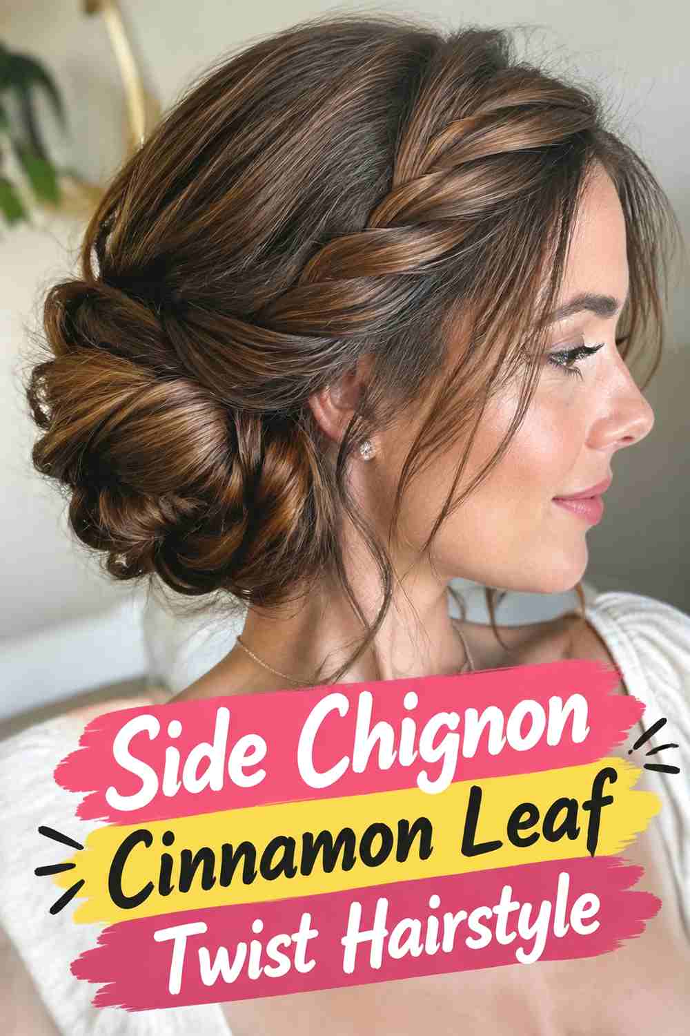 15. Side Chignon Cinnamon Leaf Twist Hairstyle