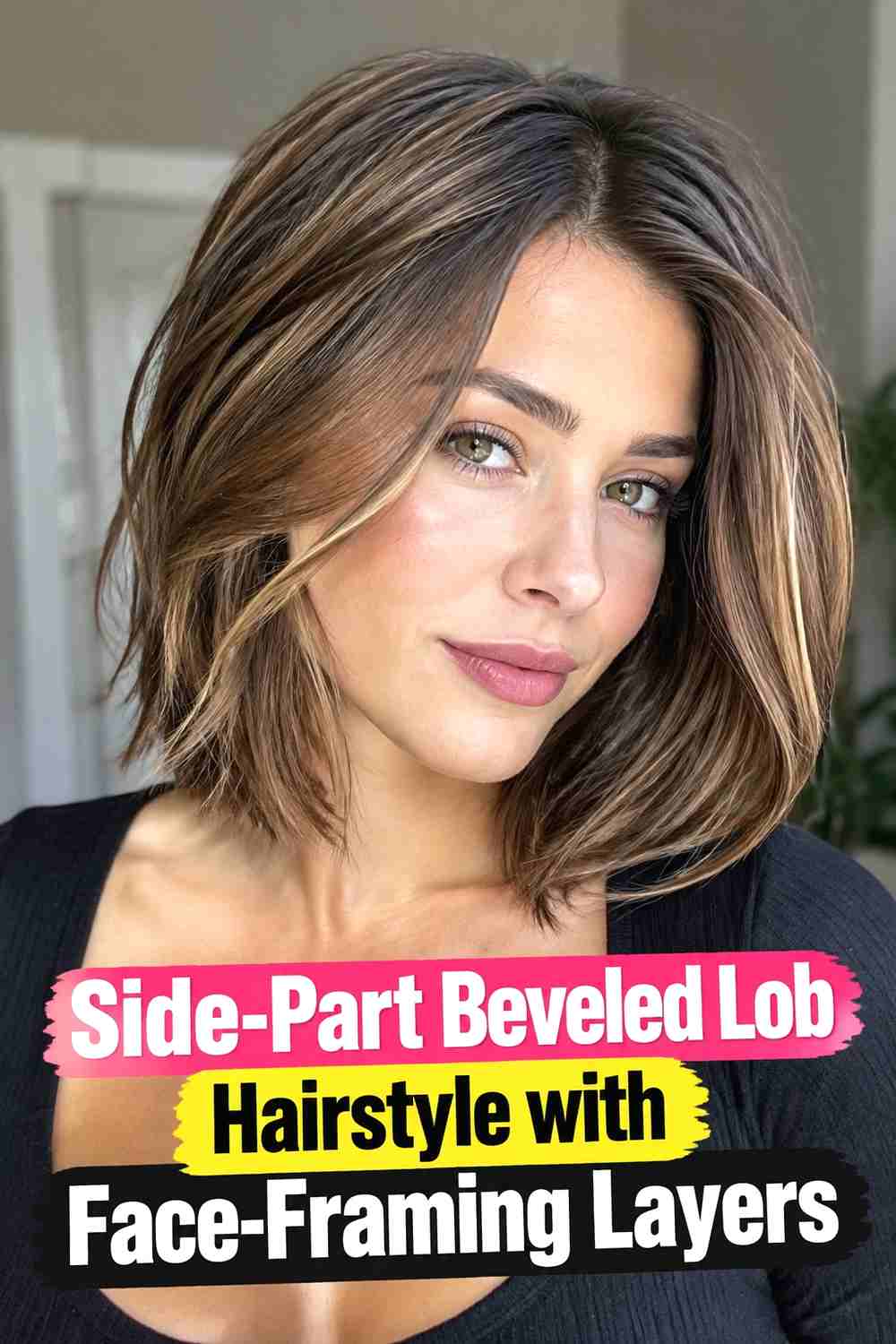 6. Side Part Beveled Lob Hairstyle With Face Framing Layers