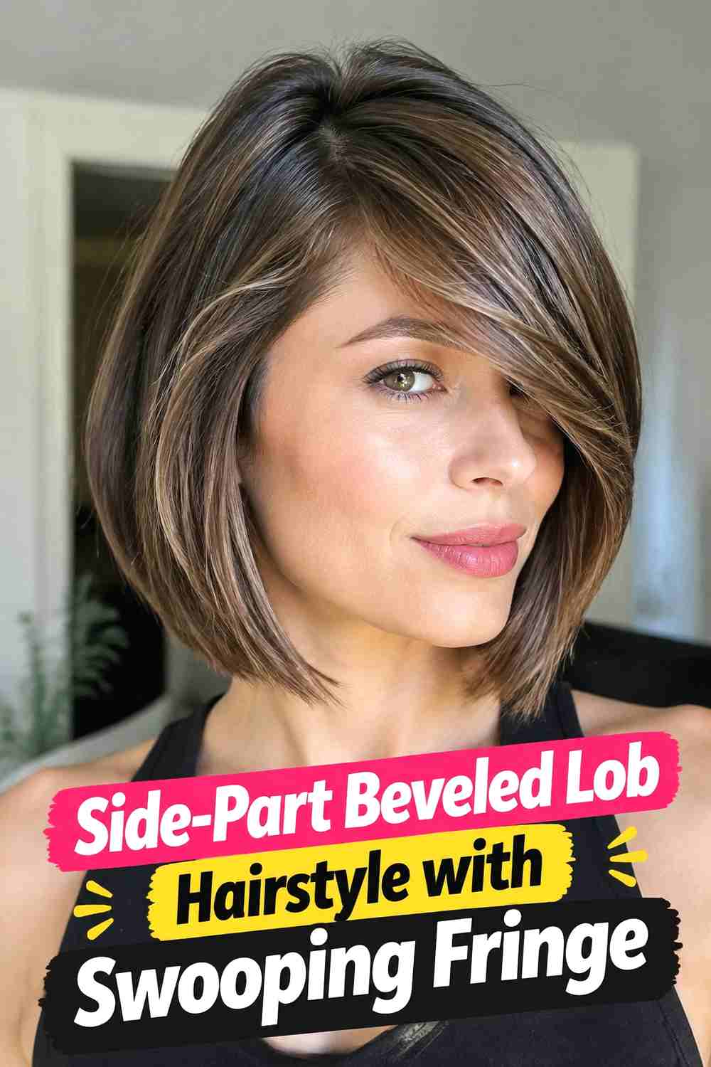 7. Side Part Beveled Lob Hairstyle With Swooping Fringe