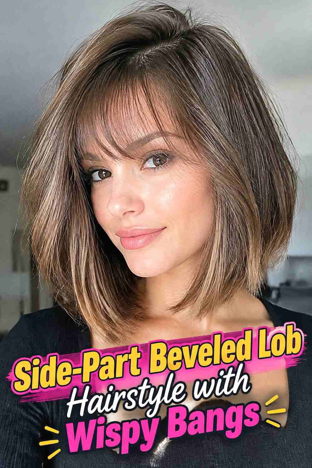 8. Side Part Beveled Lob Hairstyle With Wispy Bangs