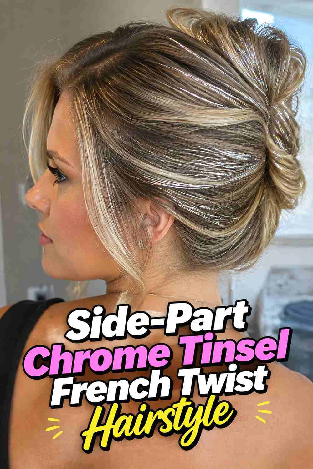 13. Side Part Chrome Tinsel French Twist Hairstyle