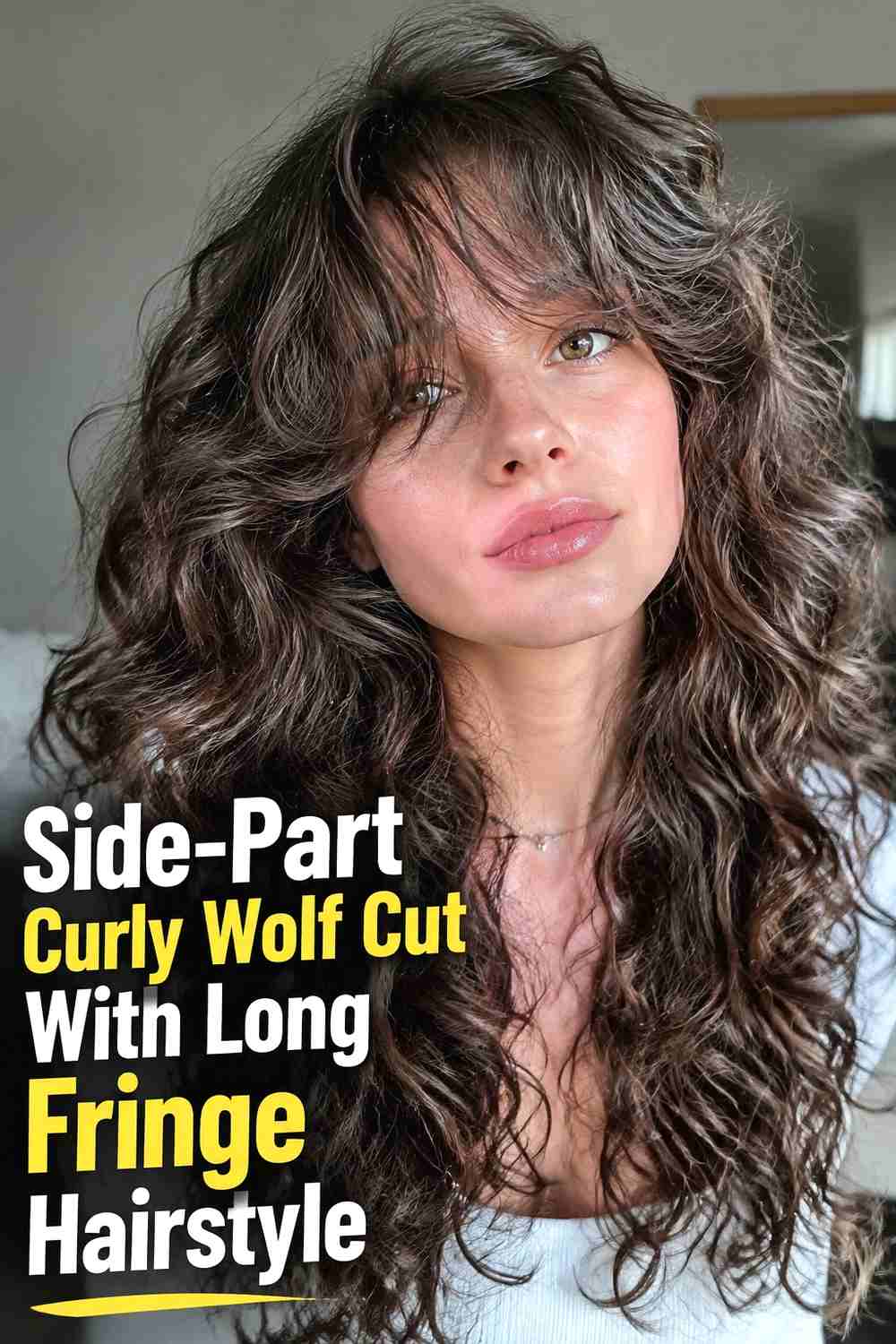 13. Side Part Curly Wolf Cut With Long Fringe Hairstyle