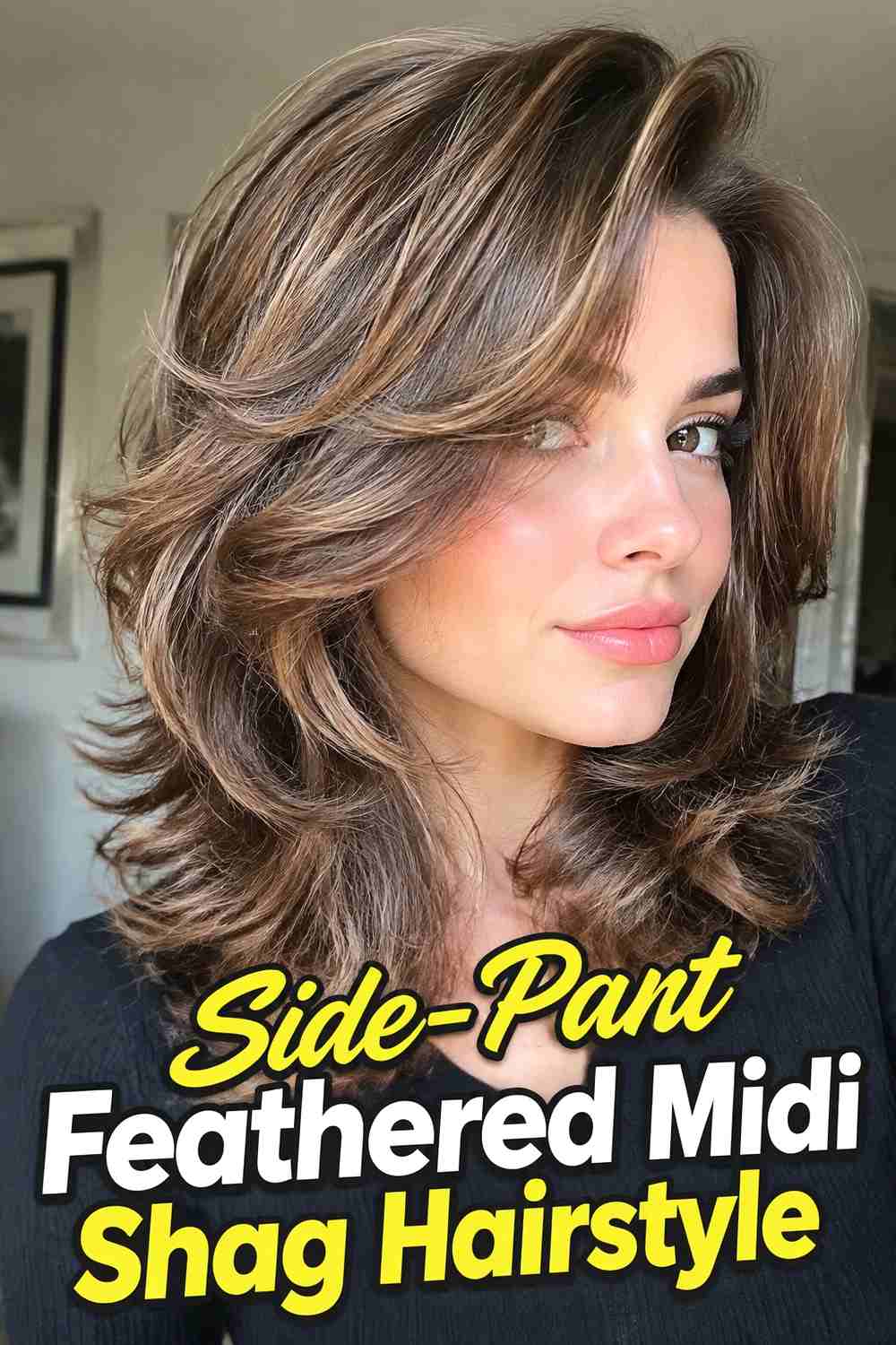 8. Side Part Feathered Midi Shag Hairstyle