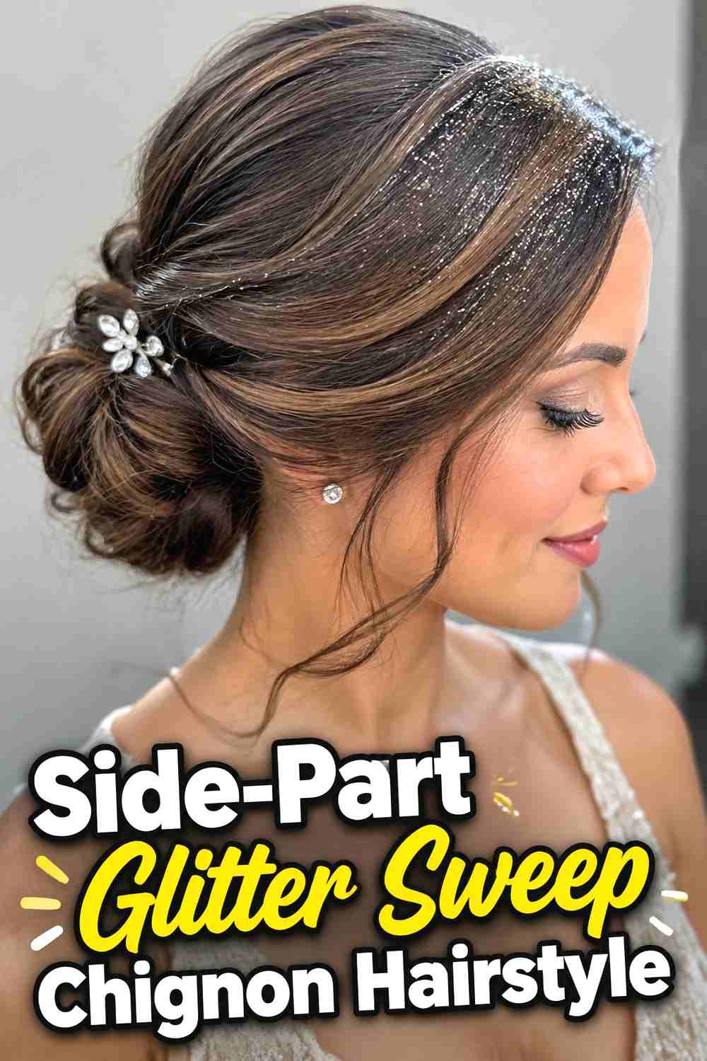 3. Side Part Glitter Sweep Chignon Hairstyle