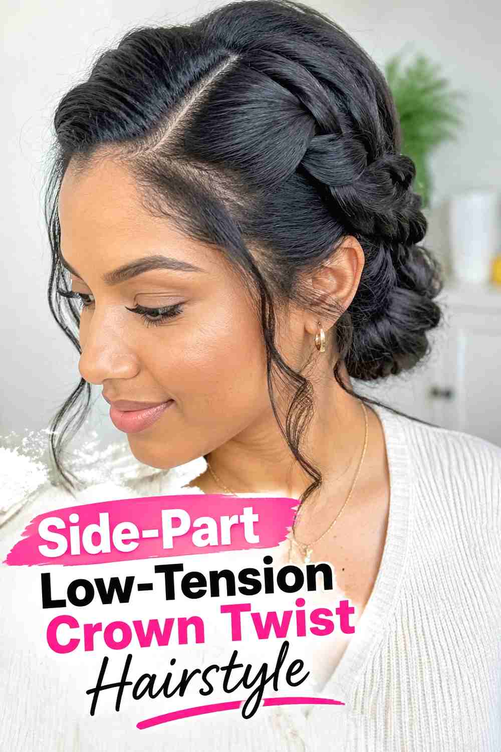 2. Side Part Low Tension Crown Twist Hairstyle