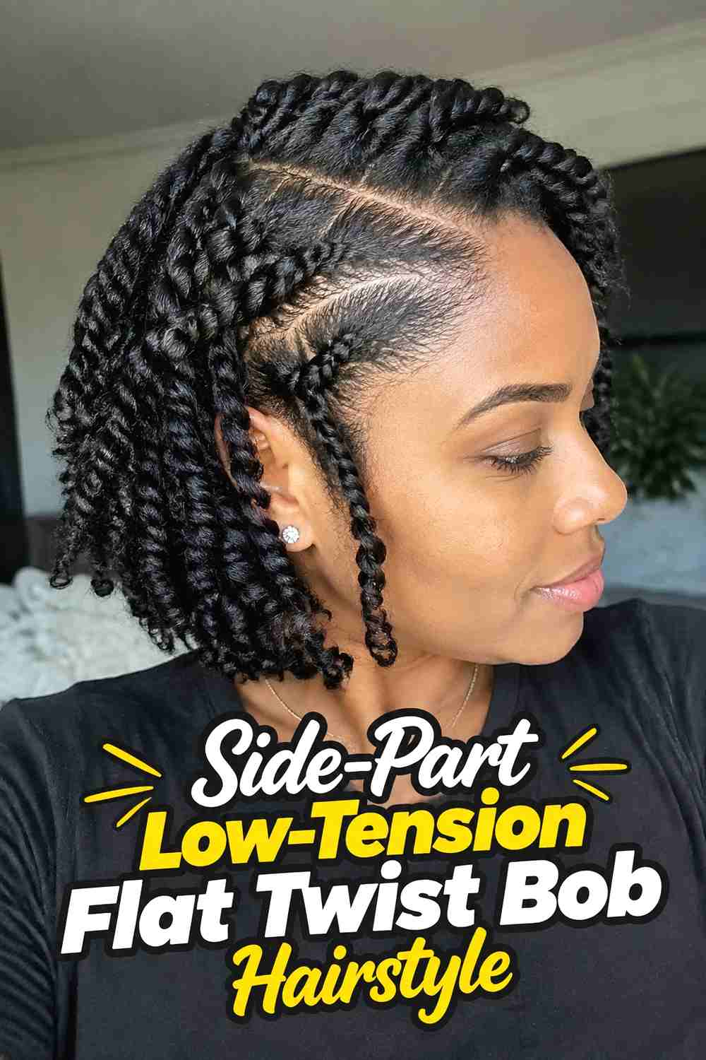 1. Side Part Low Tension Flat Twist Bob Hairstyle